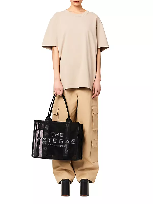 Large Leather Trimmed Mesh Tote in Black - Prada