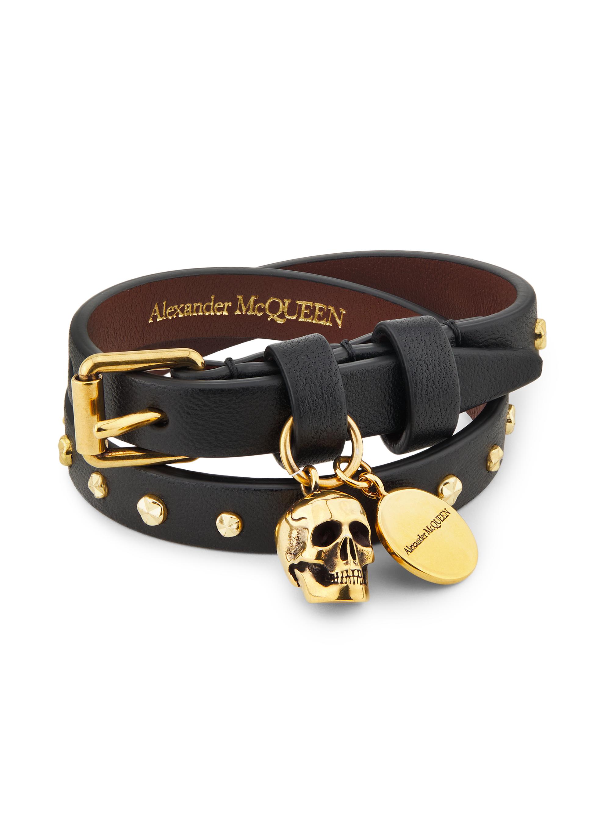 McQueen Women's Skull Leather Double Wrap Bracelet - Black
