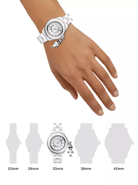 Chanel Women's J12 Mademoiselle acte II White Ceramic, 18K White Gold & White Sapphire Bracelet Diamond Charm Watch - White One-Size