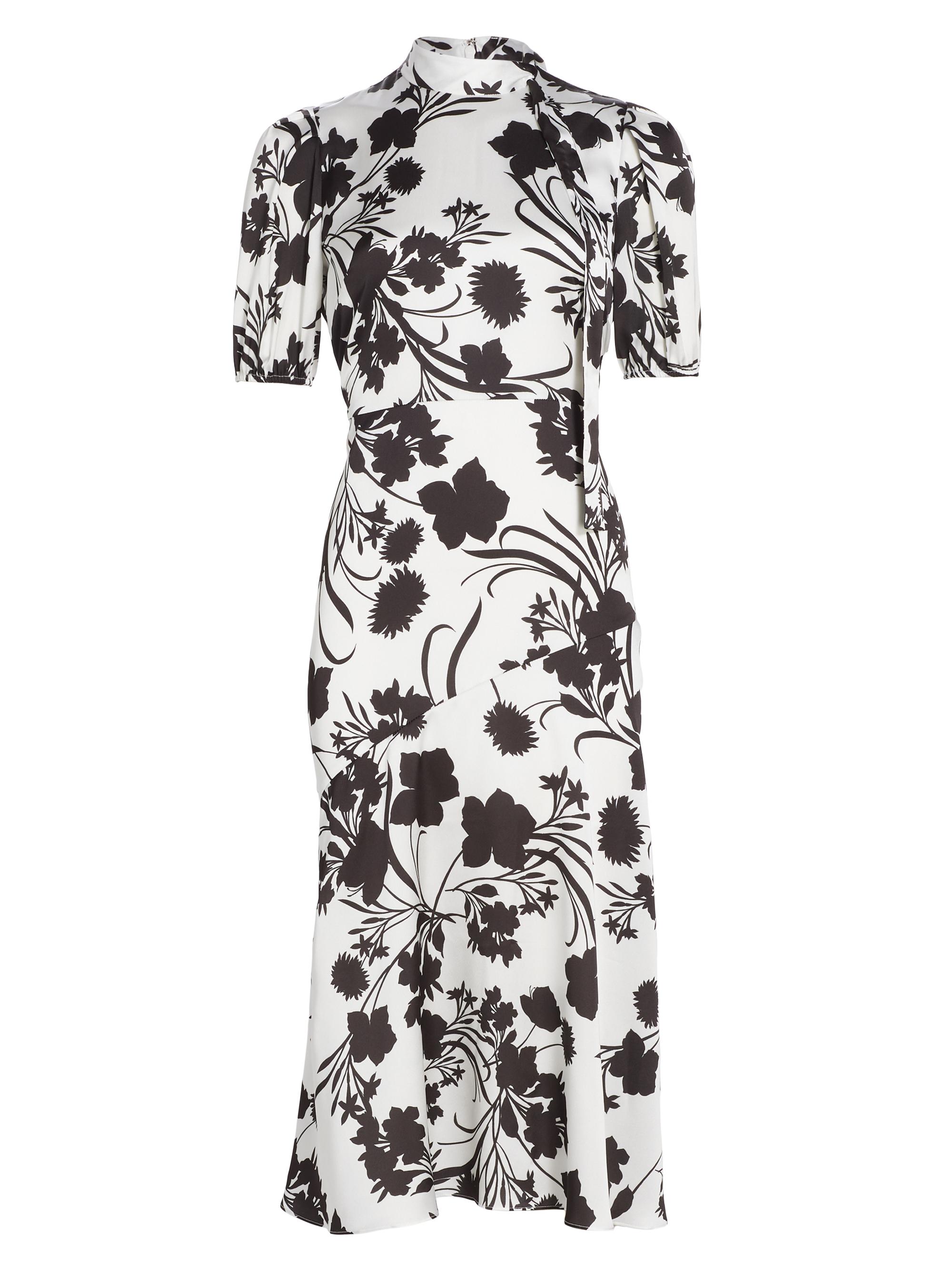ML Monique Lhuillier Women's Floral Short Puff-Sleeve Midi Dress - Black And White Botanic