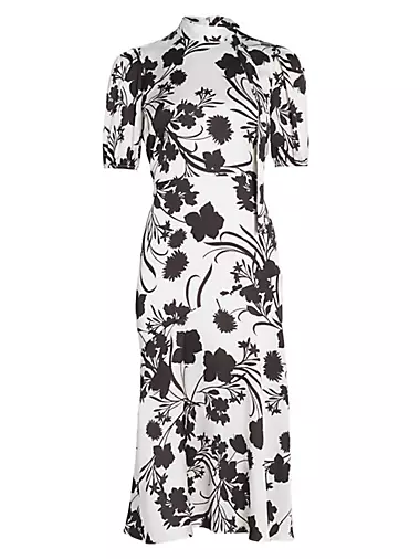 Floral Short Puff-Sleeve Midi Dress