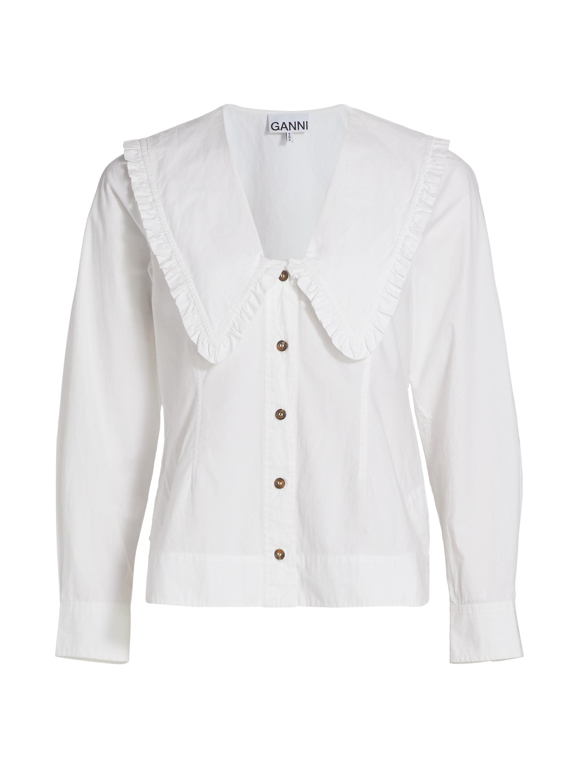 Ganni Women's Wide Ruffle-Trimmed Collar Cotton Poplin Shirt - Bright White