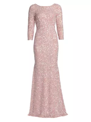 Shop Theia Three-Quarter Sleeve Sequin Sheath Gown | Saks Fifth Avenue