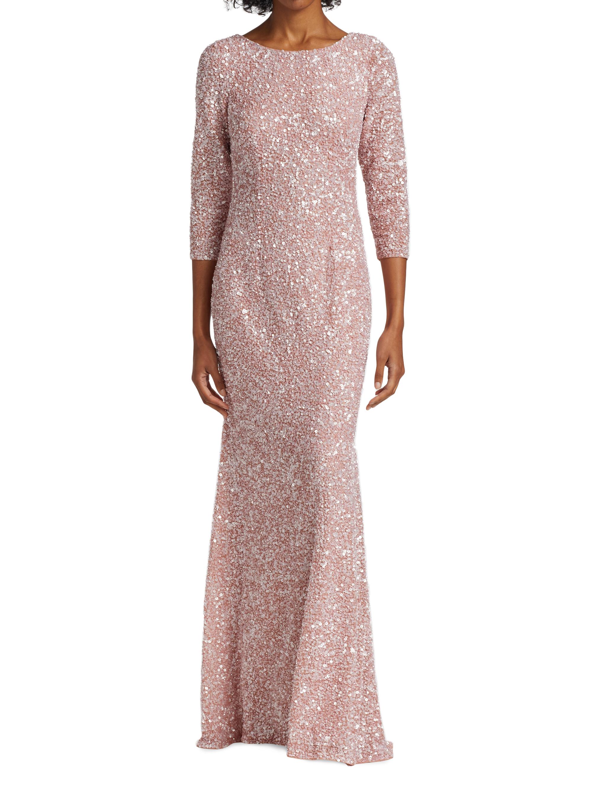 three quarter sleeve sequin dress Karen Kane Women's Sequin Long Sleeve Evening Gown - Blue
