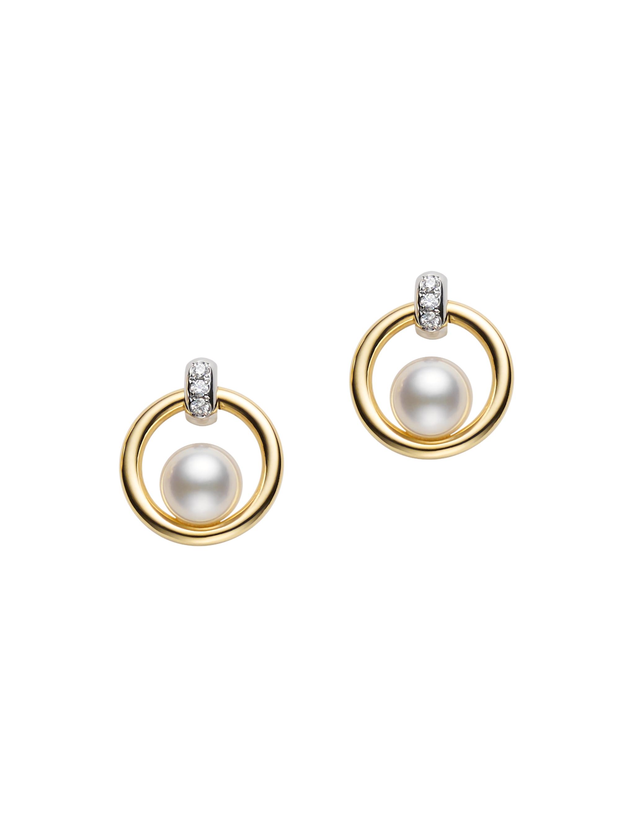 Mikimoto Women's Circle Two-Tone 18K Gold, Diamond & Floating 5.5MM Cultured Akoya Pearl Drop-Hoop Earrings - Yellow White Gold