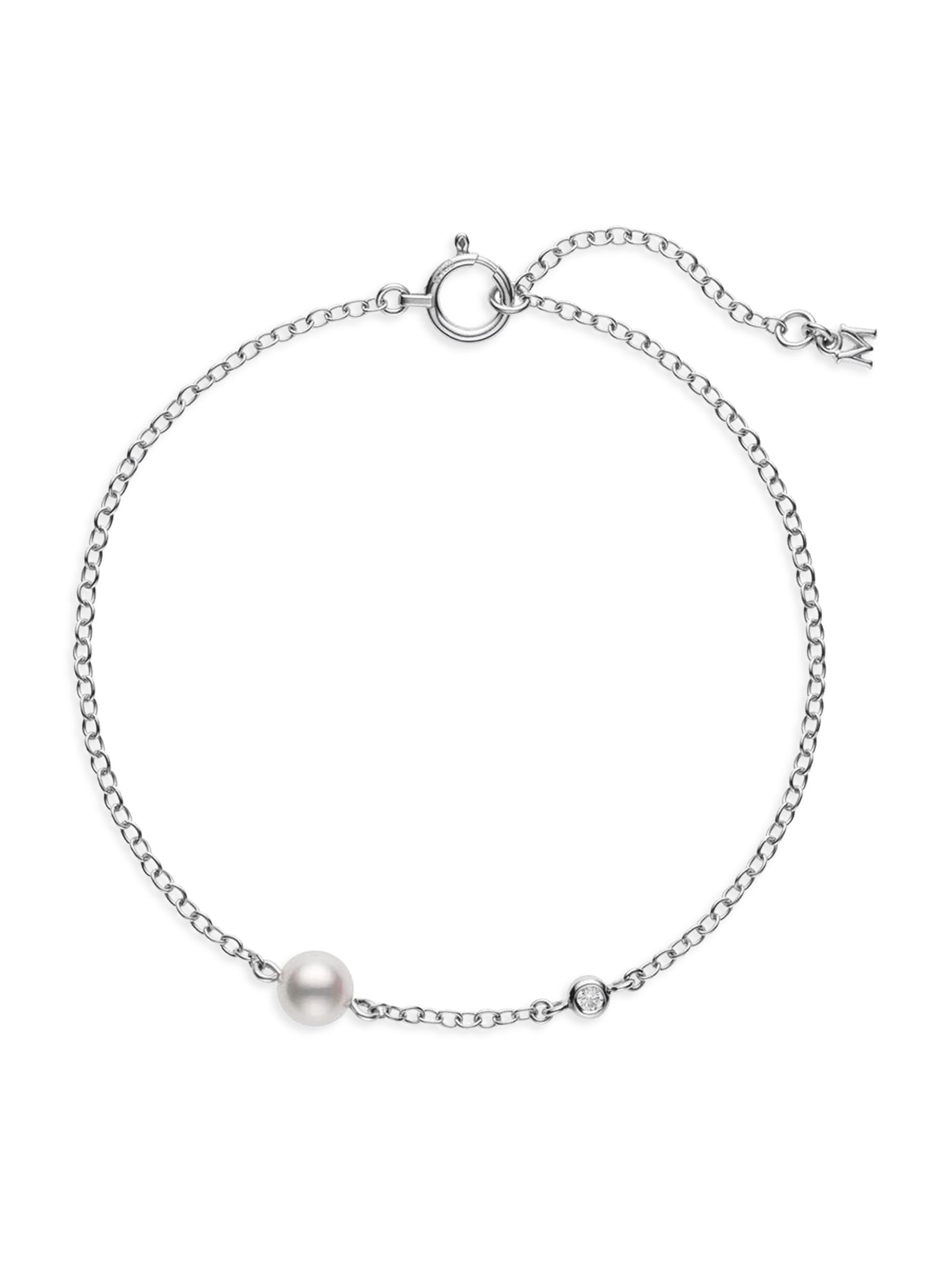 Mikimoto Women's 18K White Gold, Diamond & 5MM Round White Akoya Cultured Pearl Station Bracelet - White Gold