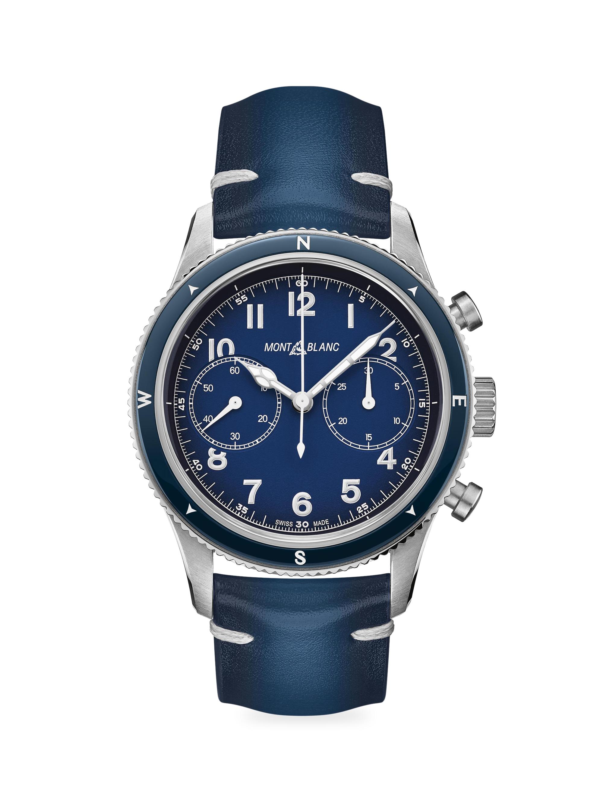 Montblanc Men's 1858 Stainless Steel & Leather Strap Chronograph Watch - Blue