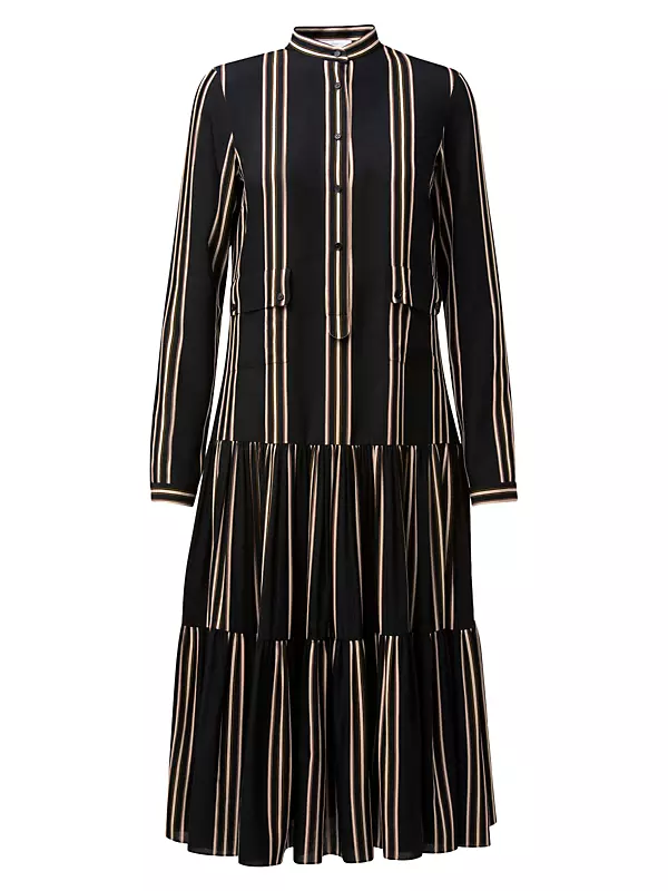 Striped Viscose & Silk-Blend Tiered Midi Dress