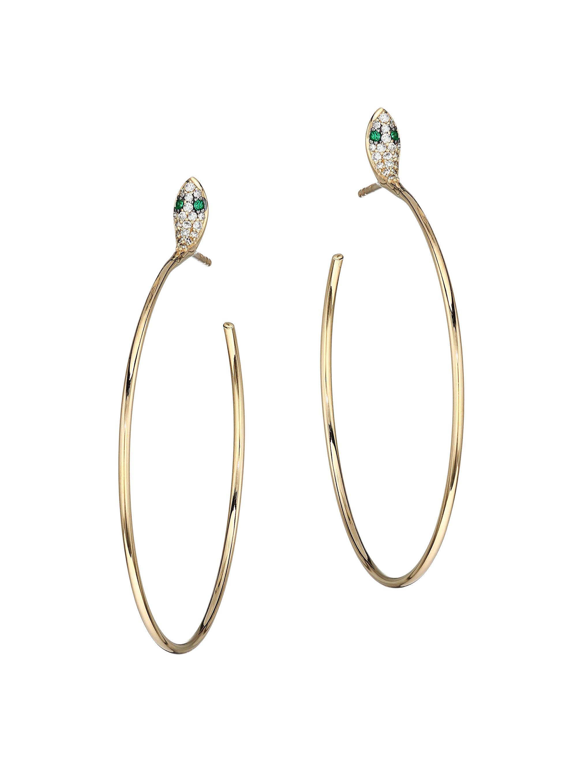 Nina Gilin Women's 14K Yellow Gold, Diamond & Emerald Snake Hoop Earrings - Gold