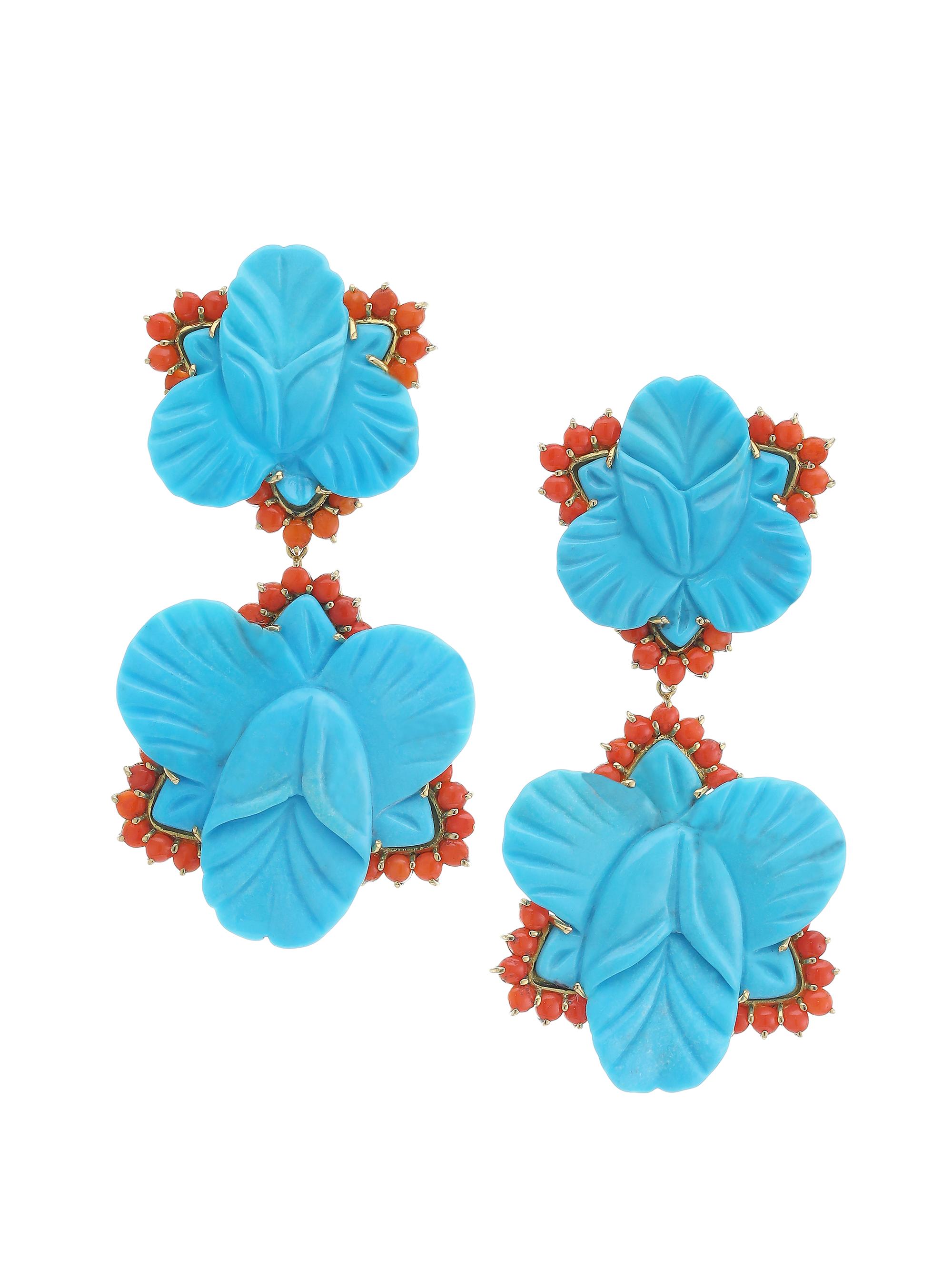 Casa Castro Women's Mother Nature Turquoise & Coral Orchid Drop Earrings - Blue