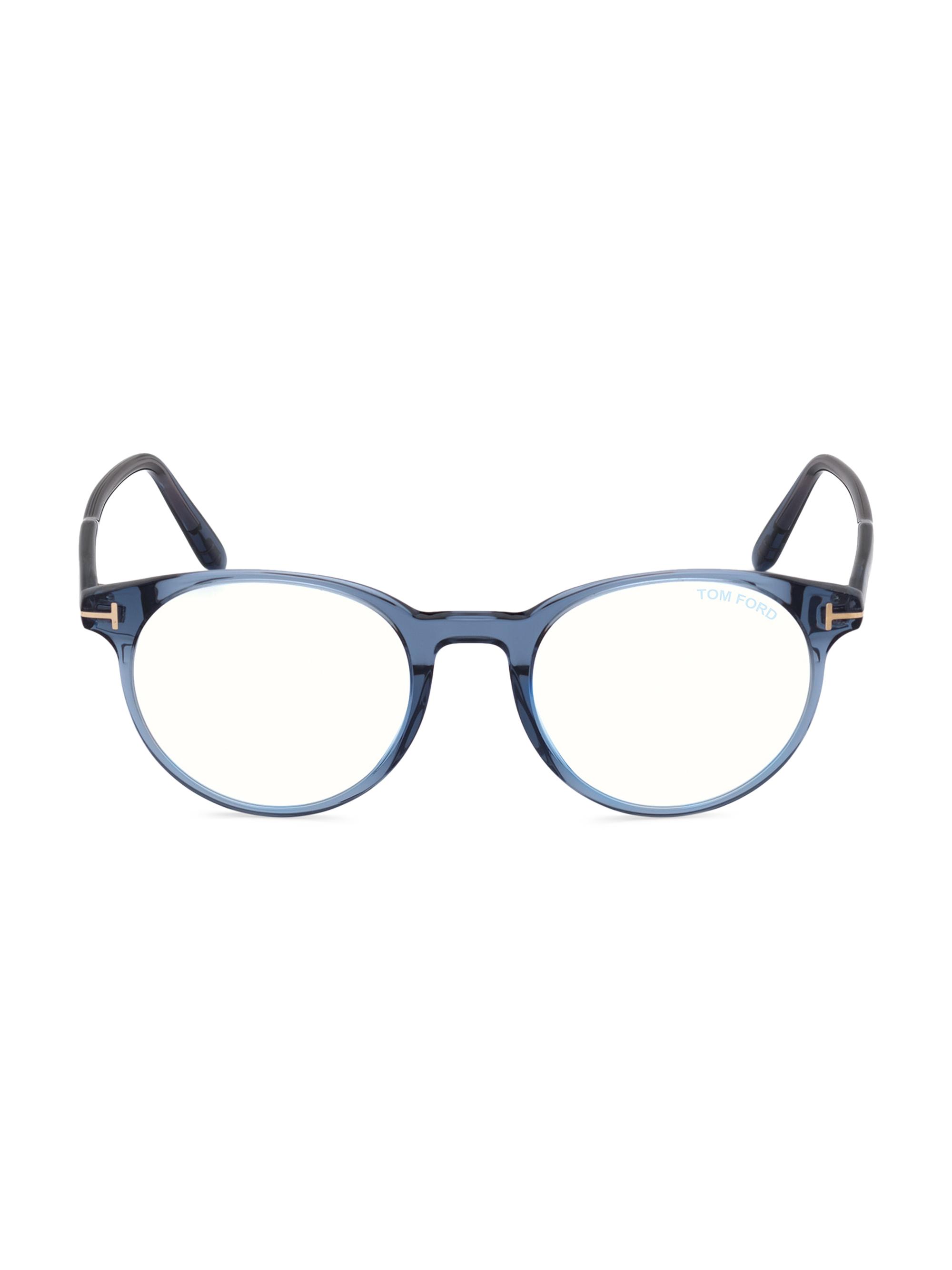 TOM FORD Men's 47MM Round Blue Block Optical Glasses - Shiny Tran