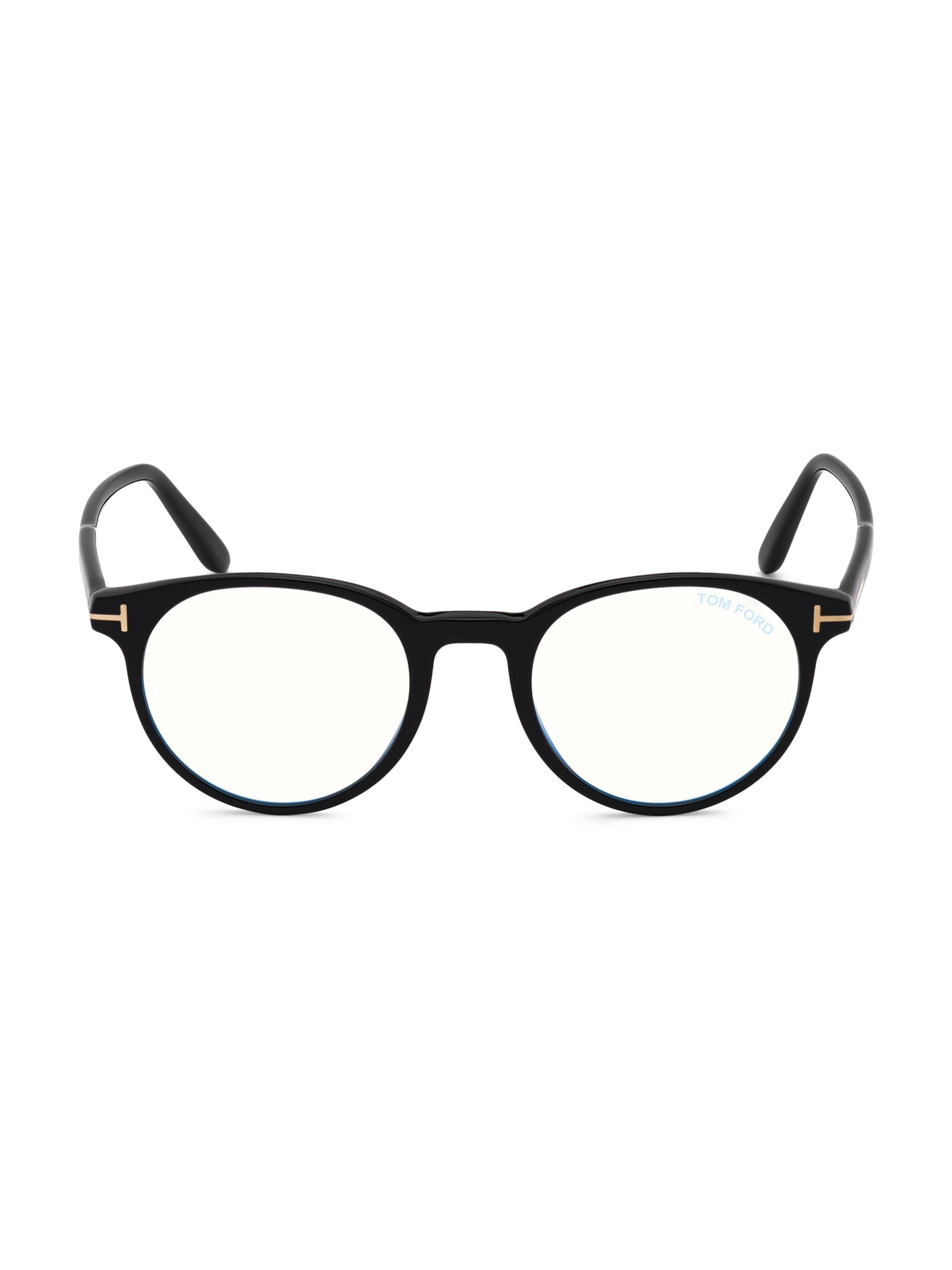 TOM FORD Men's 47MM Round Blue Block Optical Glasses - Shiny Black