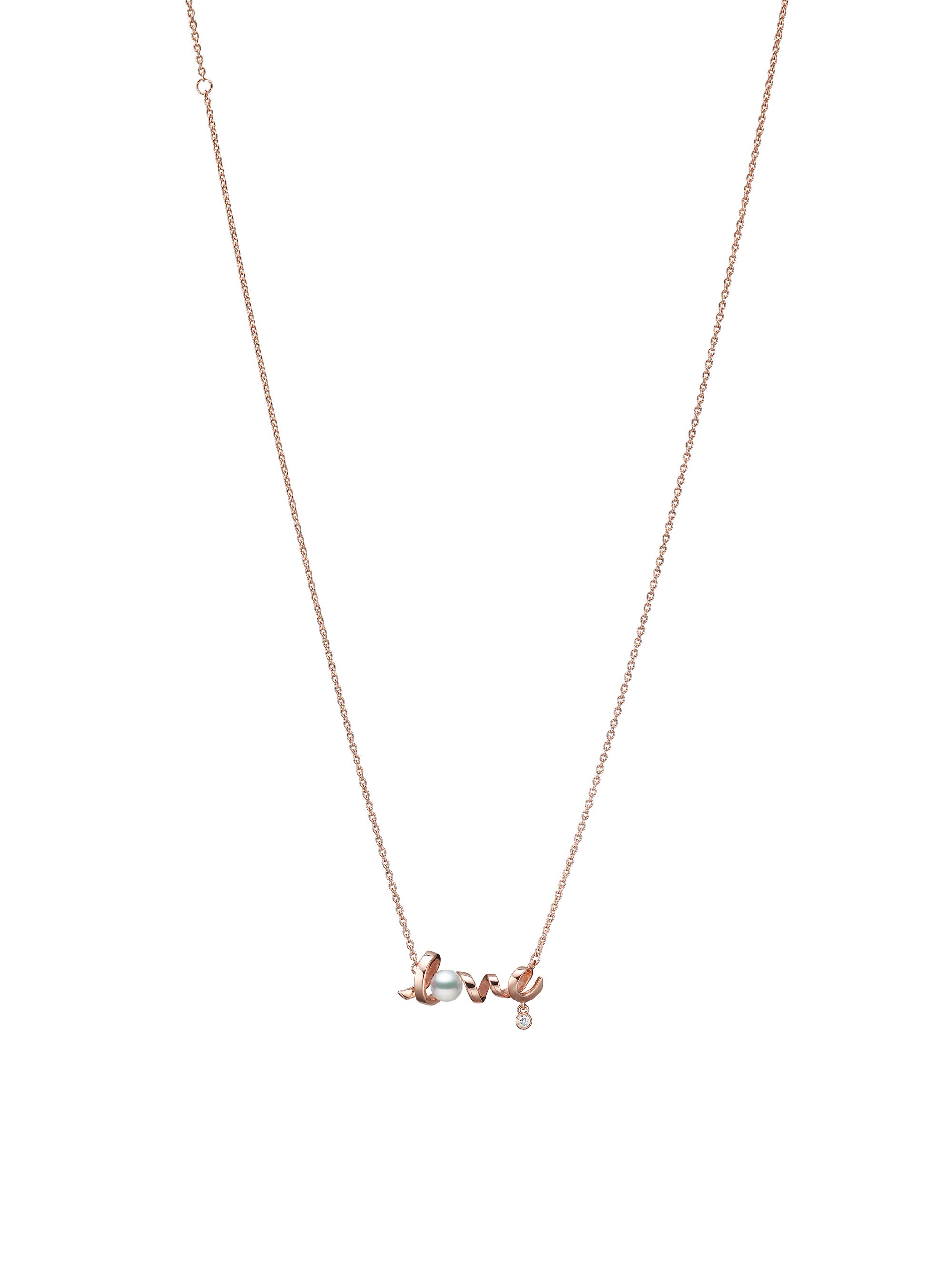 Mikimoto Women's Cherish 18K Rose Gold, Diamond, & 5MM Cultured Pearl "Love" Pendant Necklace - Rose Gold