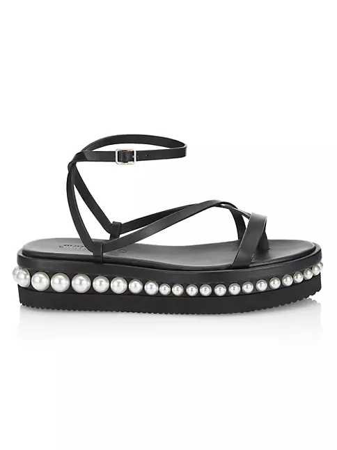 Chanel Black Leather Faux Pearl Slide Flat Sandals Size 39