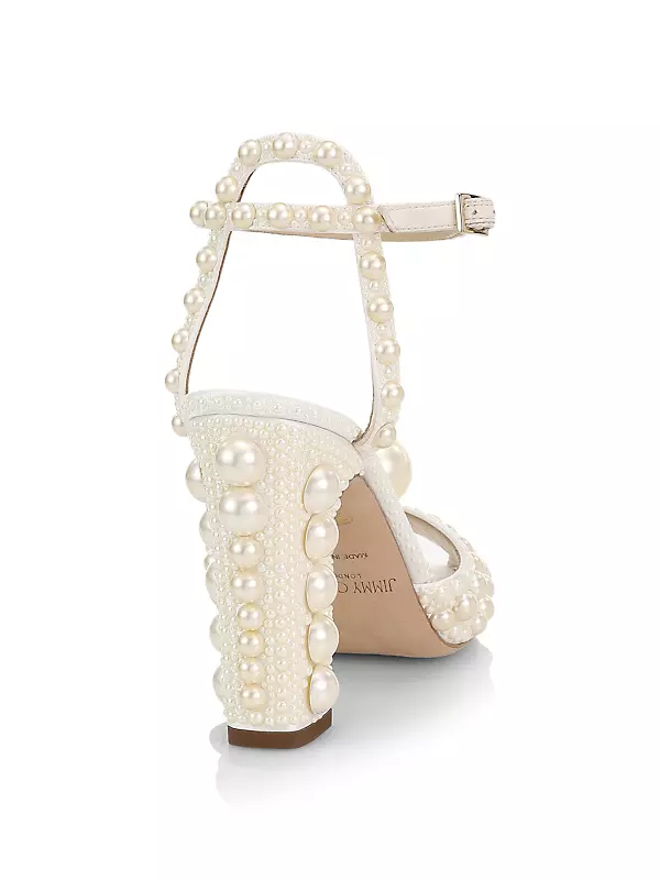 JIMMY CHOO Sacaria Pearl-Embellished Satin Platform Sandals