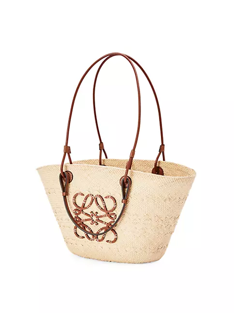 Beige Anagram leather-trimmed raffia basket bag, LOEWE