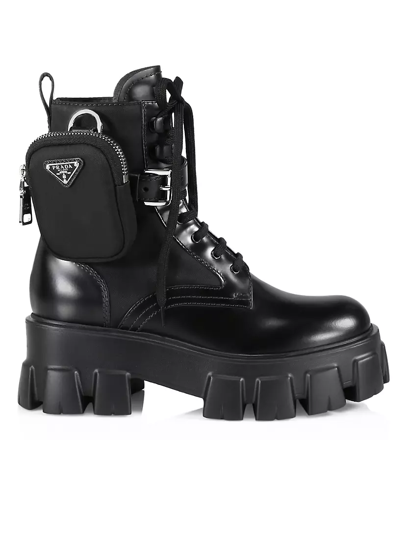 Shop Prada Monolith 55 Leather & Nylon Lug-Sole Combat Boots