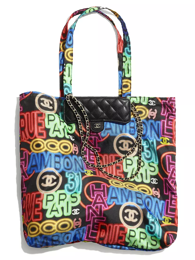 Chanel Caviar Fabric Graffiti Foldable Tote Bag with Chain Black Multicolor
