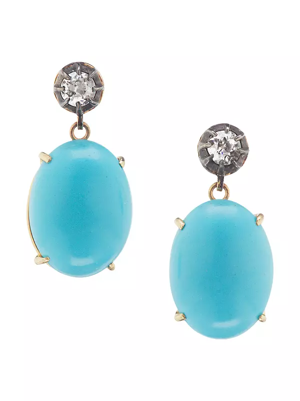 18K Yellow Gold, Turquoise & Diamond Drop Earrings