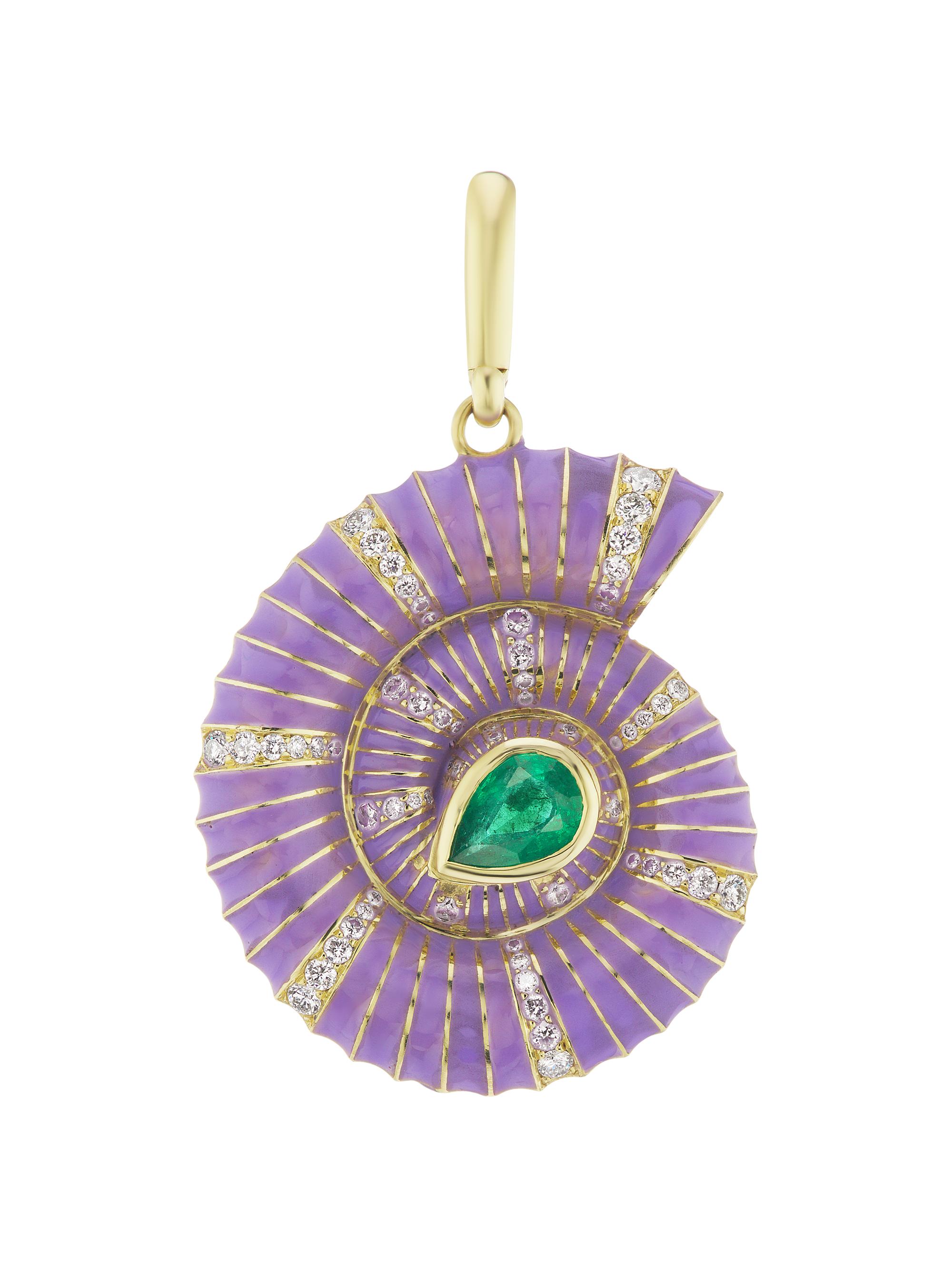 Jenna Blake Women's 18K Yellow Gold, Lavender Enamel, Diamond & Muzo Emerald Shell Charm