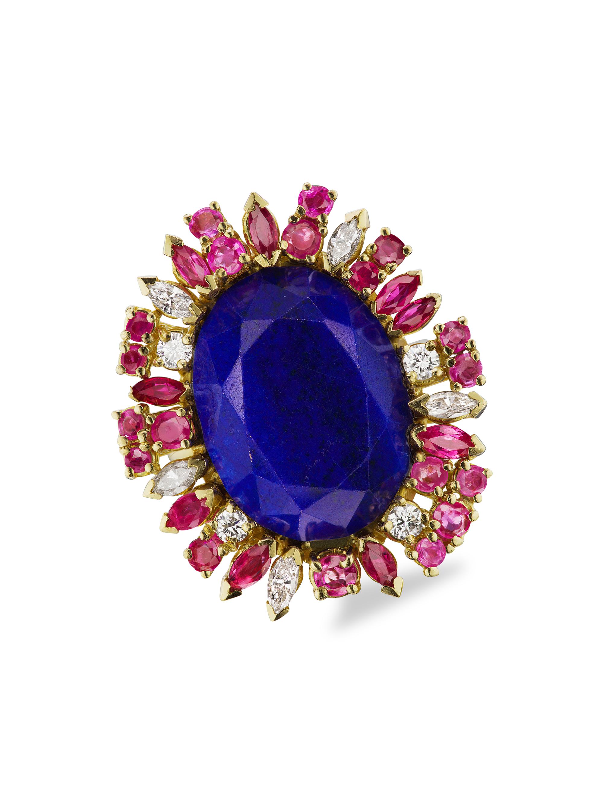 Jenna Blake Women's 18K Yellow Gold, Lapis Lazuli Sapphire, Ruby & Diamond Ring - Blue Lapis Multi
