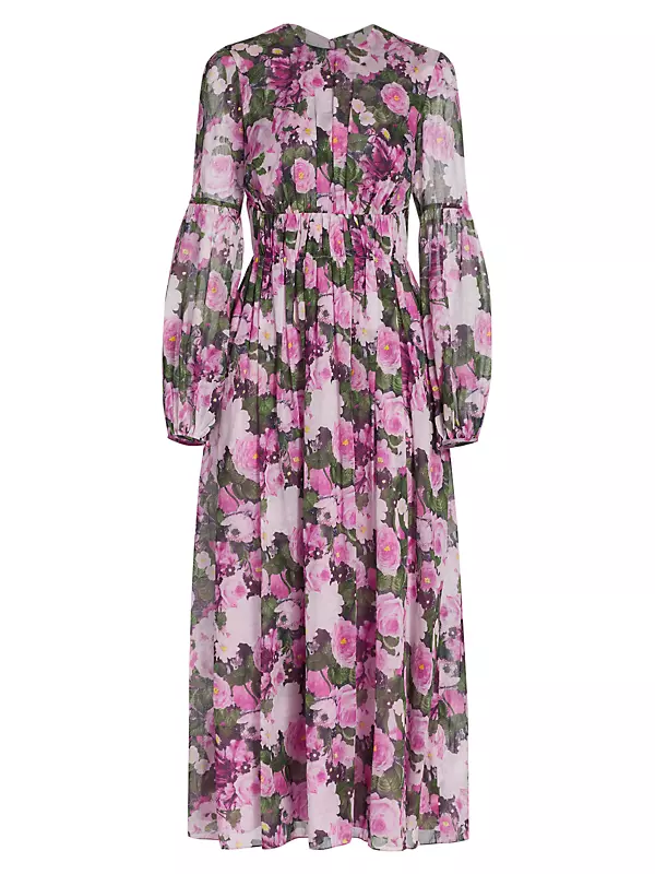 Floral Printed Voile Ruched Waist Midi Dress