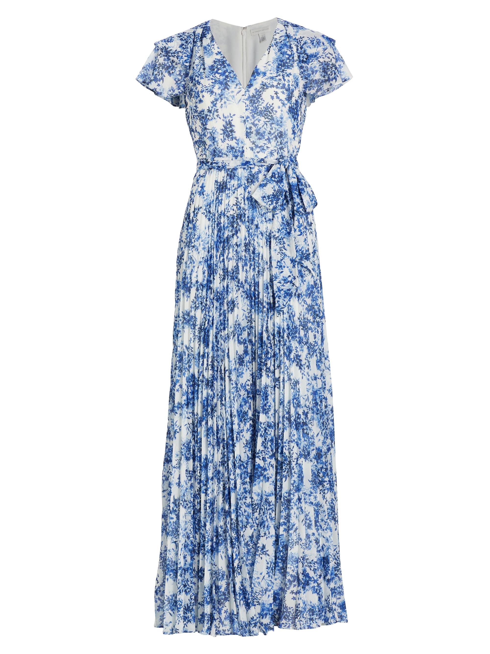 ML Monique Lhuillier Women's Flutter Sleeve Pleated Maxi Dress - Navy Porcelain