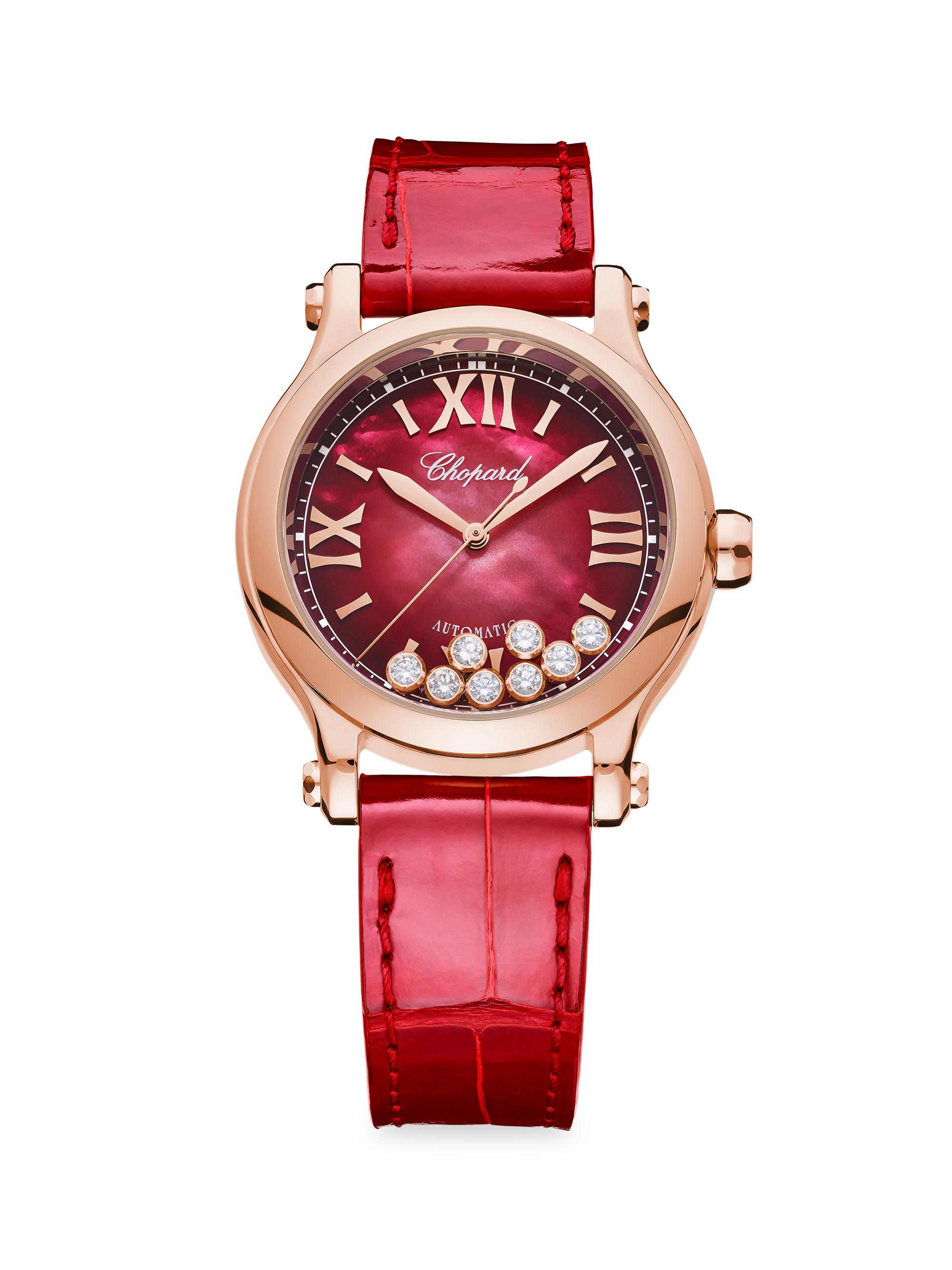 Chopard Women's Happy Sport 18K Rose Gold, Diamond & Alligator Strap Watch - Red