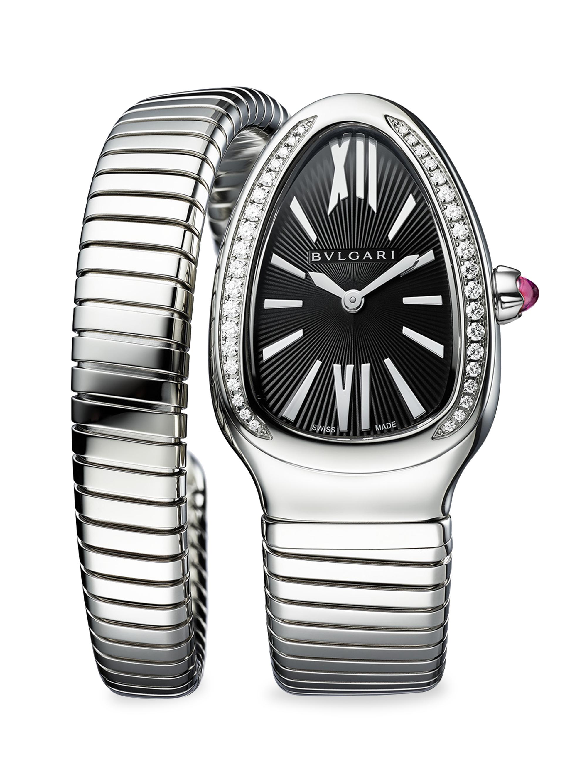 BVLGARI Women's Serpenti Seduttori Stainless Steel, Diamond & Black Dial Bracelet Watch - Steel