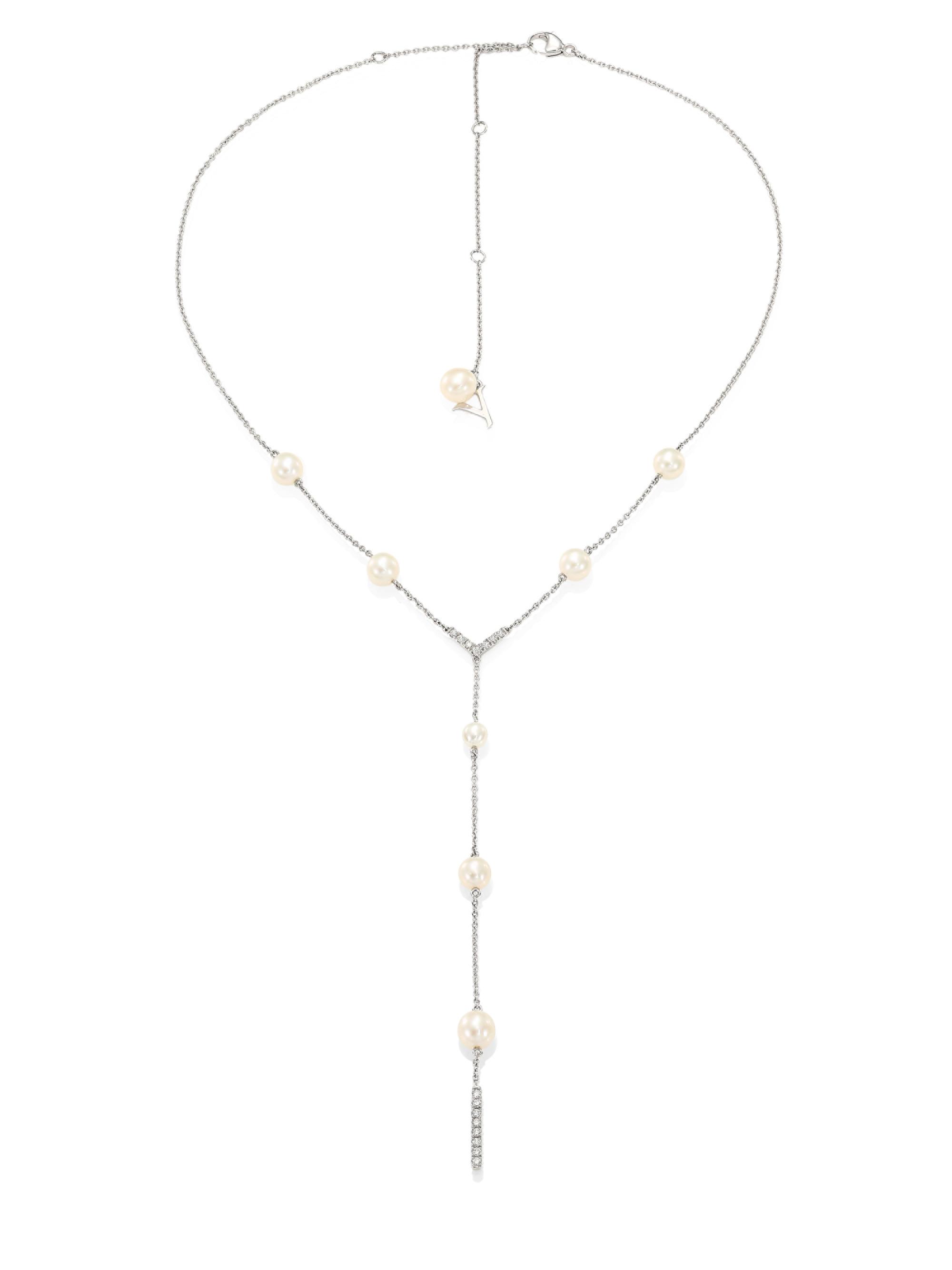 Yoko London Women's 18K White Gold, 4-6.5MM Freshwater Pearl, & 0.19 TCW Diamond Y Necklace