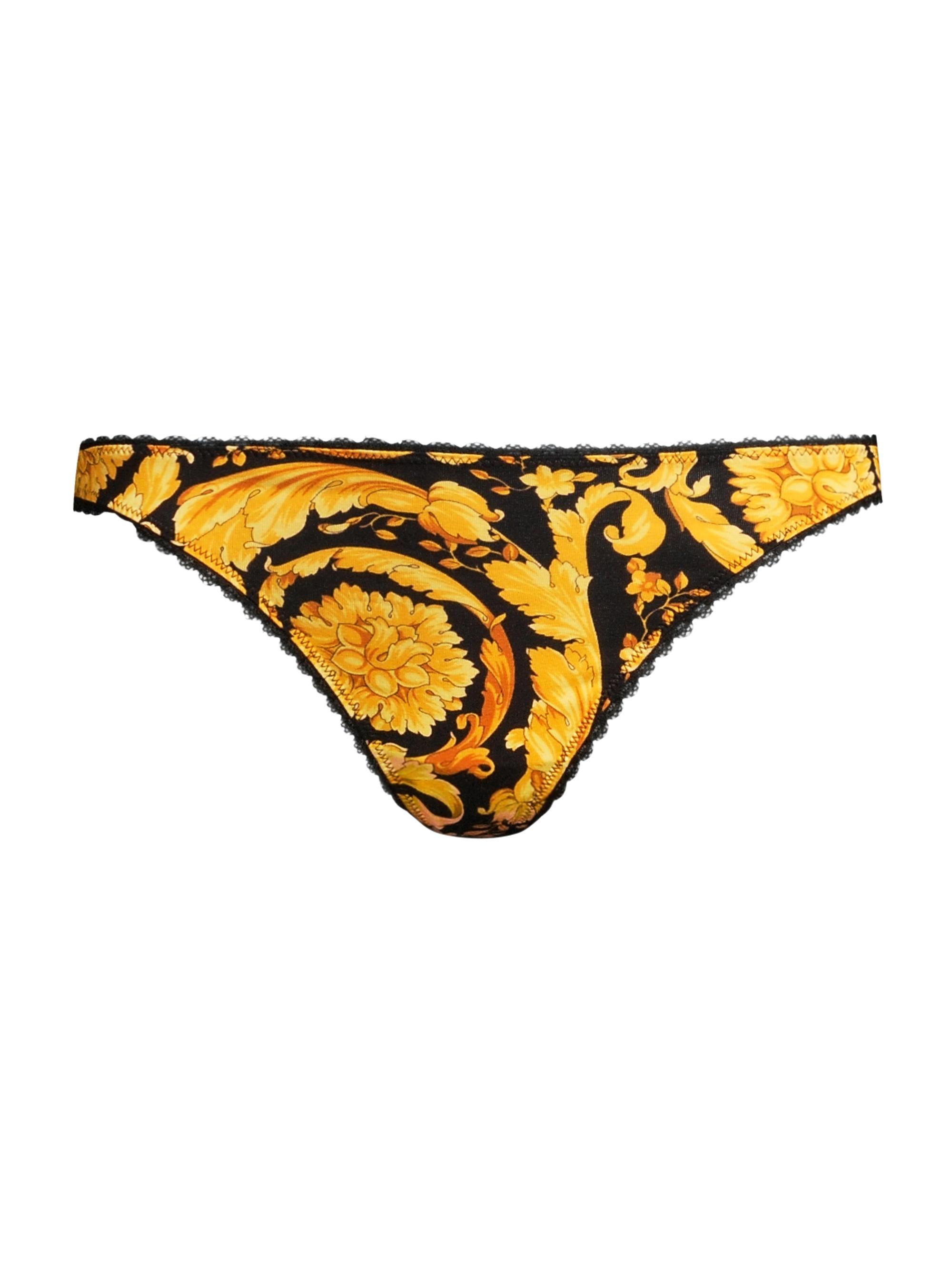 Versace Women's Print & Lace Trim Thong - Black Gold