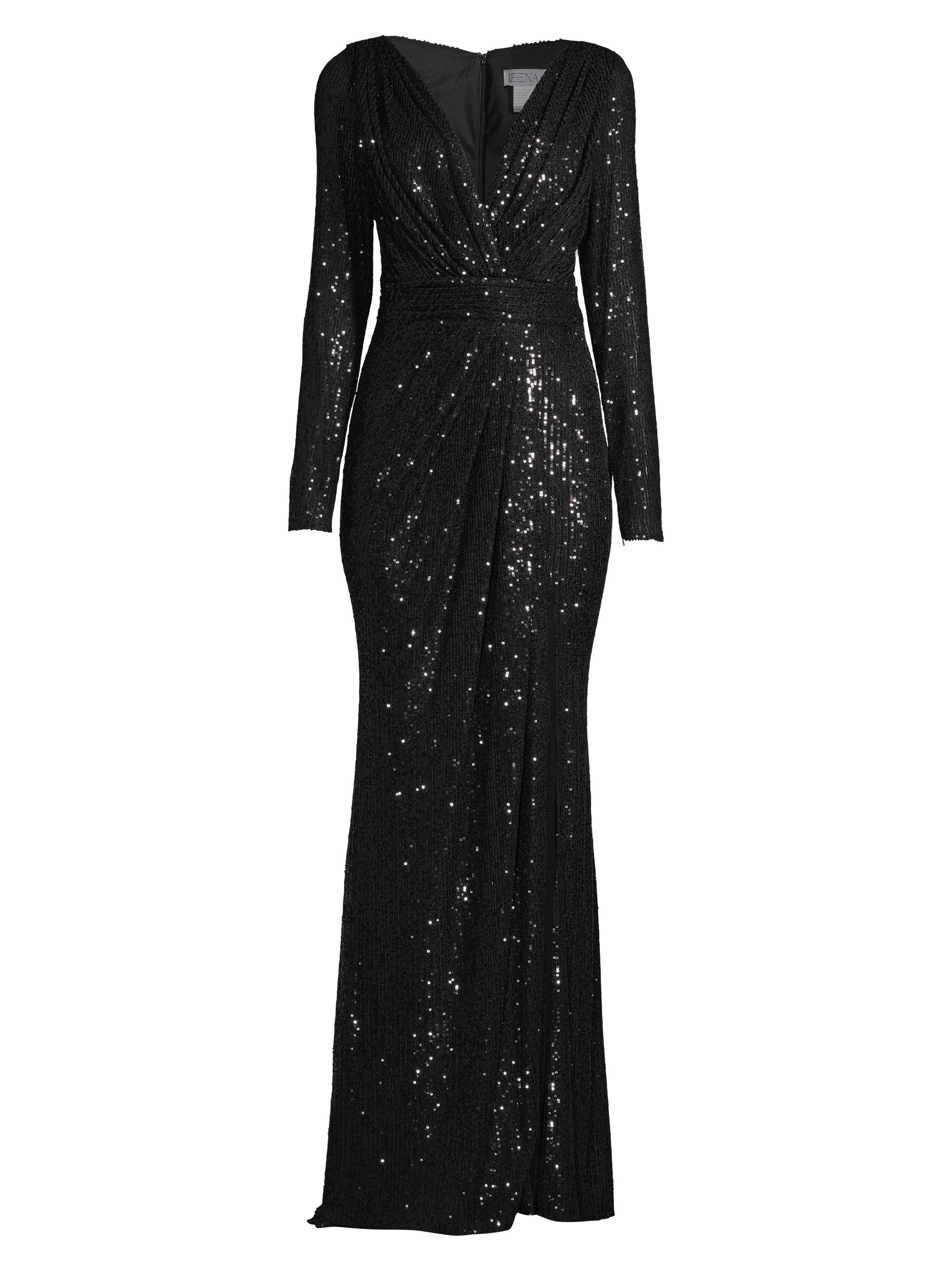 Ieena for Mac Duggal - Black Sequined Long Sleeve Gown - US 14 Mac Duggal Sequined Evening Gown | Saks Fifth Avenue