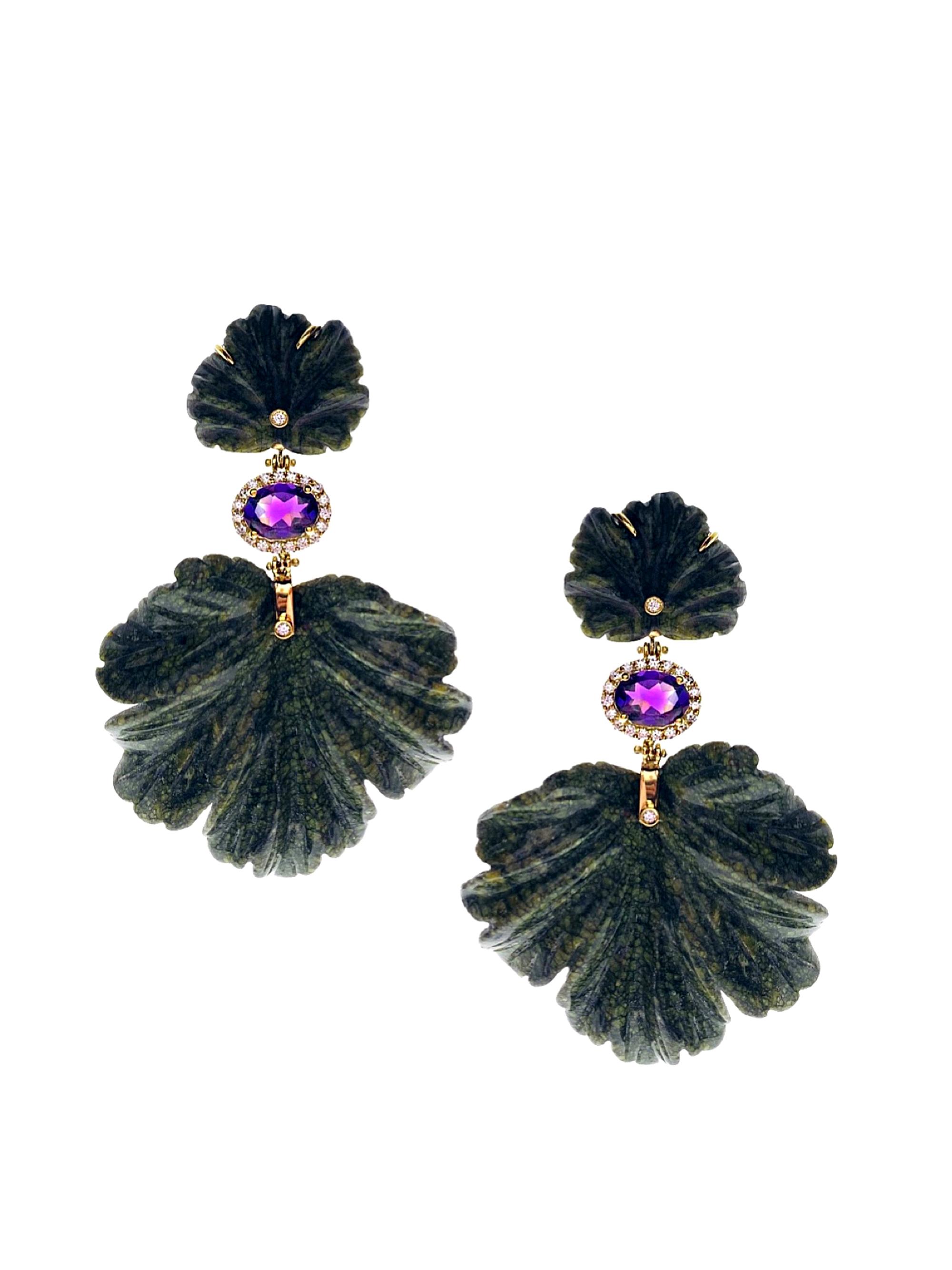 Casa Castro Women's Carved Serpentine, Amethyst & Diamond Leaf Double-Drop Clip-On Earrings - Black