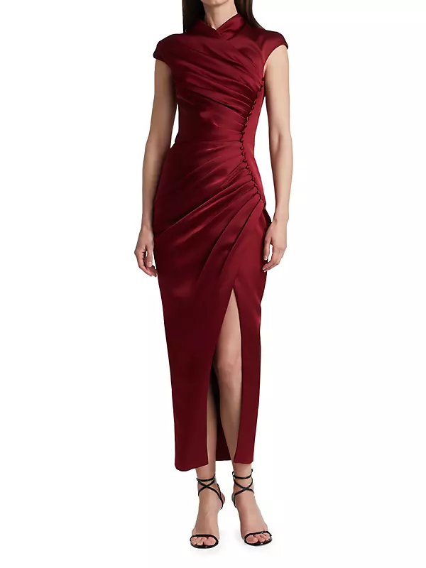Button-Trimmed Ruched Satin Midi Dress