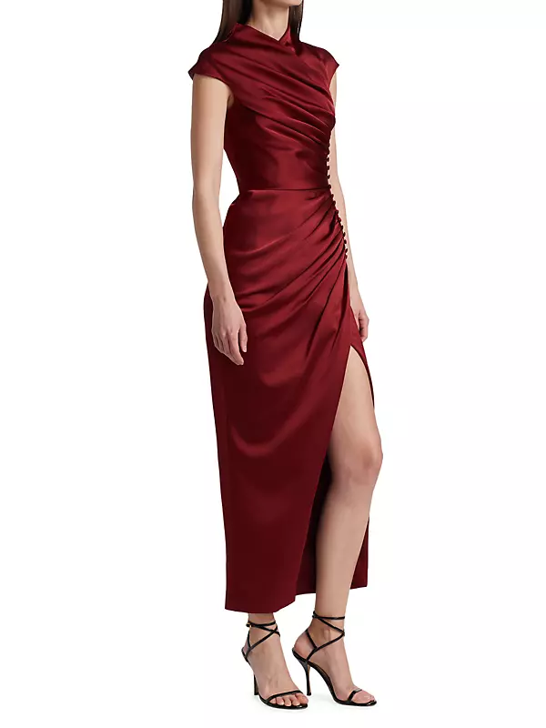 Button-Trimmed Ruched Satin Midi Dress