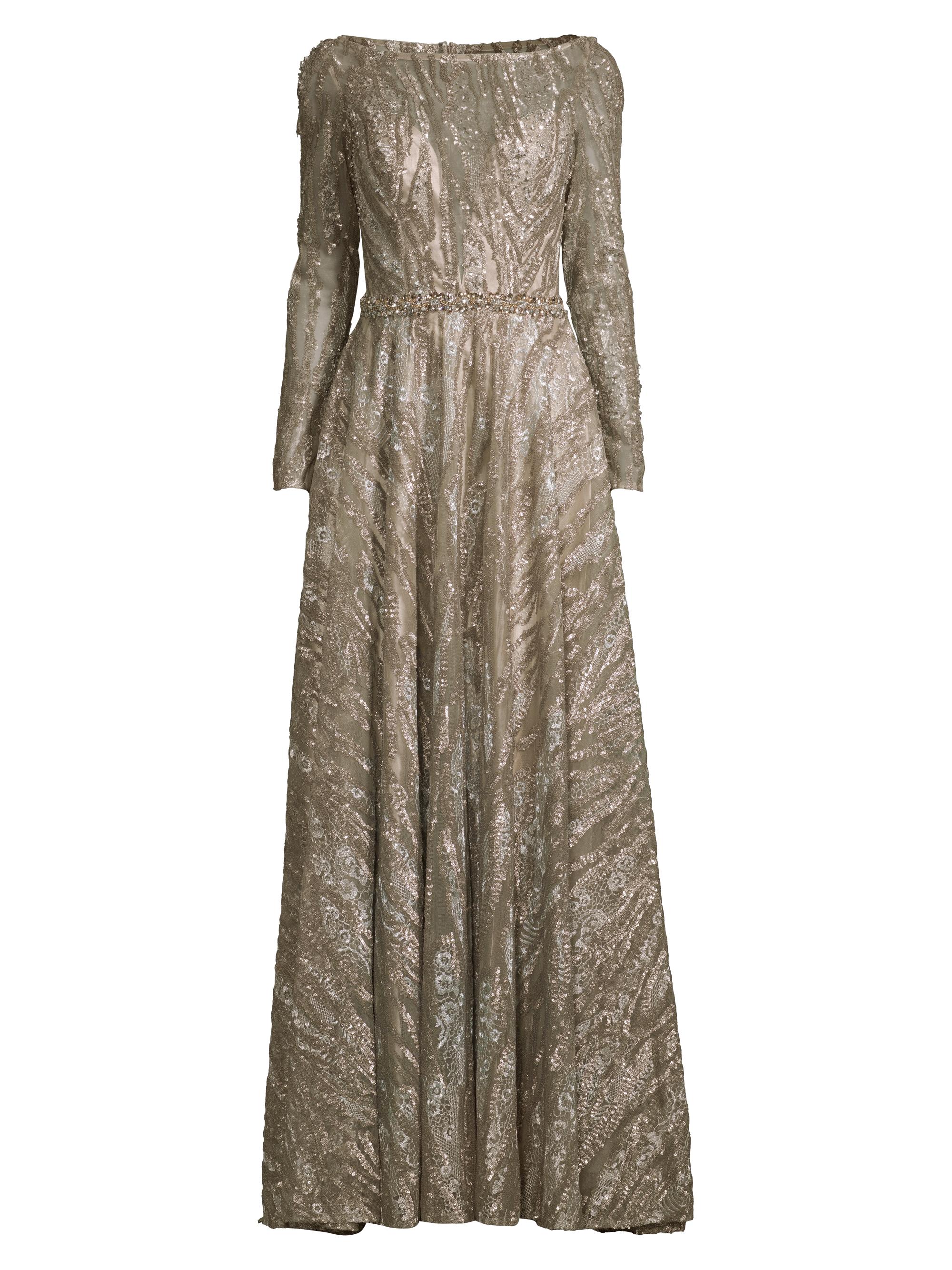 Mac Duggal Women's Beaded Long-Sleeve A-Line Gown - Mocha