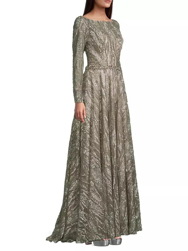 Beaded Long-Sleeve A-Line Gown