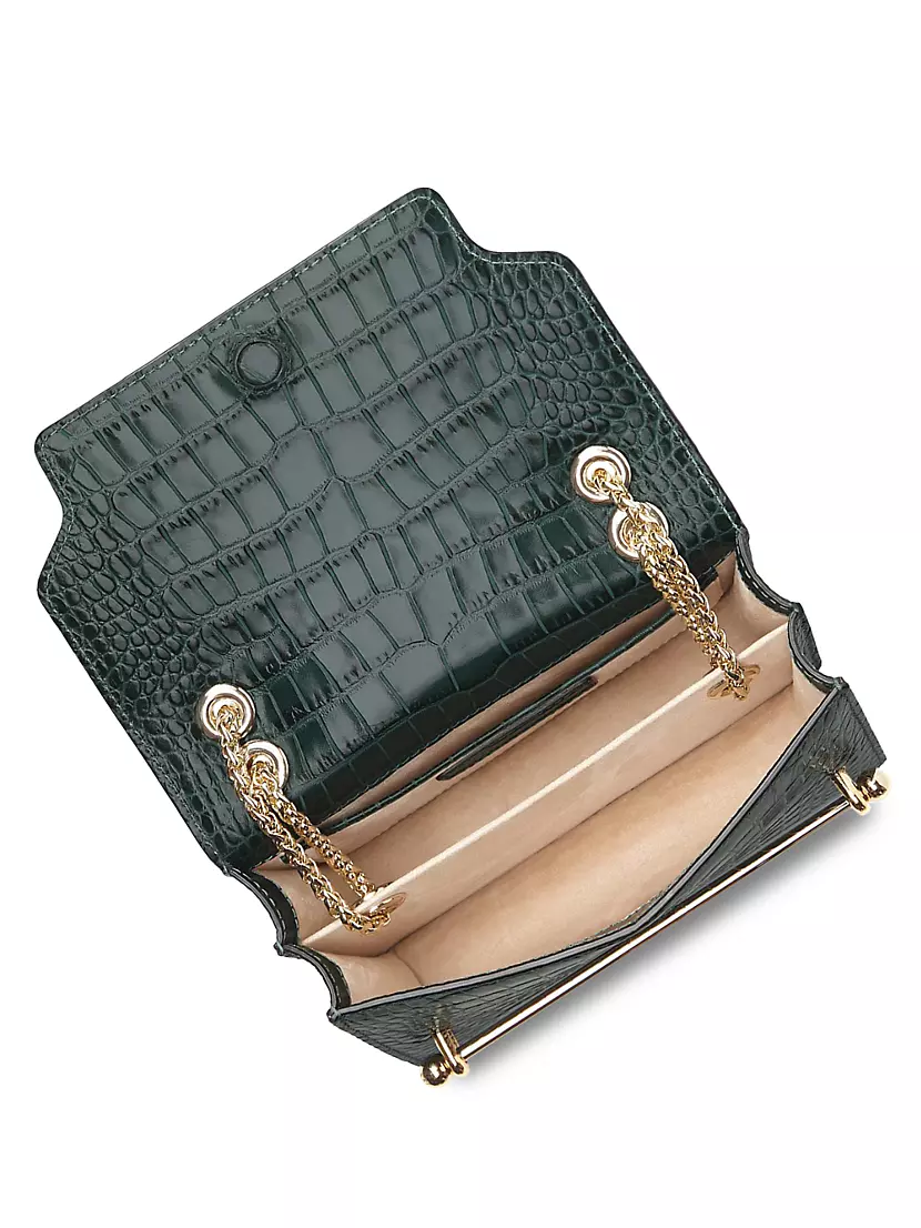 New* Strathberry East West Mini green croc-embossed handbag, orig. $645