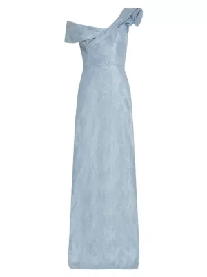 Teri Jon by Rickie Freeman Women's Double Layer Ruffle One Shoulder Jacquard Gown - Powder Blue