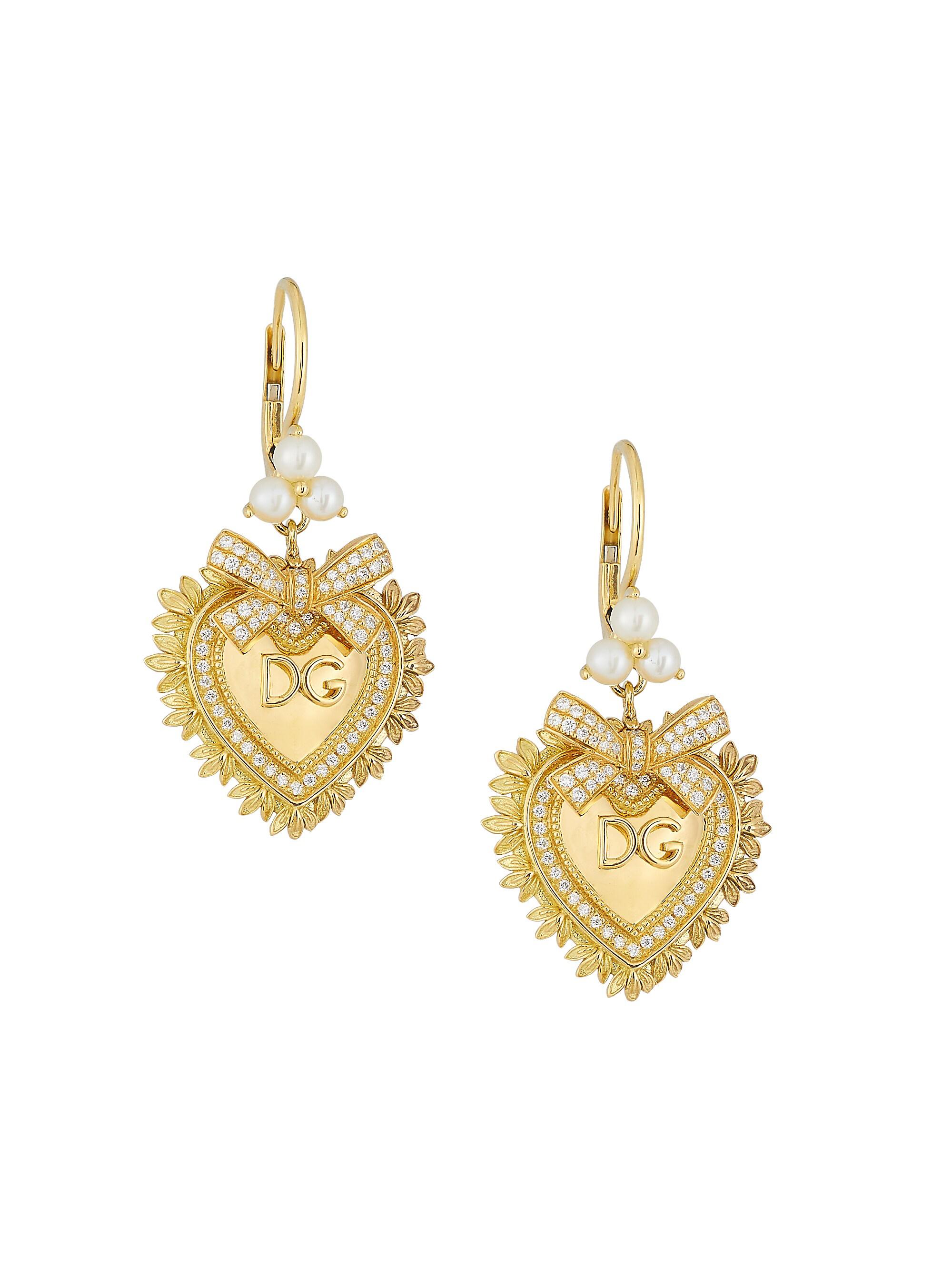 Dolce & Gabbana Women's 18K Yellow Gold, Diamond & 3MM Pearl Devotion Drop Earrings
