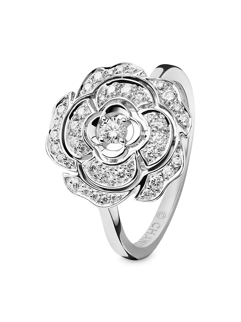 CHANEL Profil De Camellia Diamond 18K Gold Ring Size 50 US Size 5.50