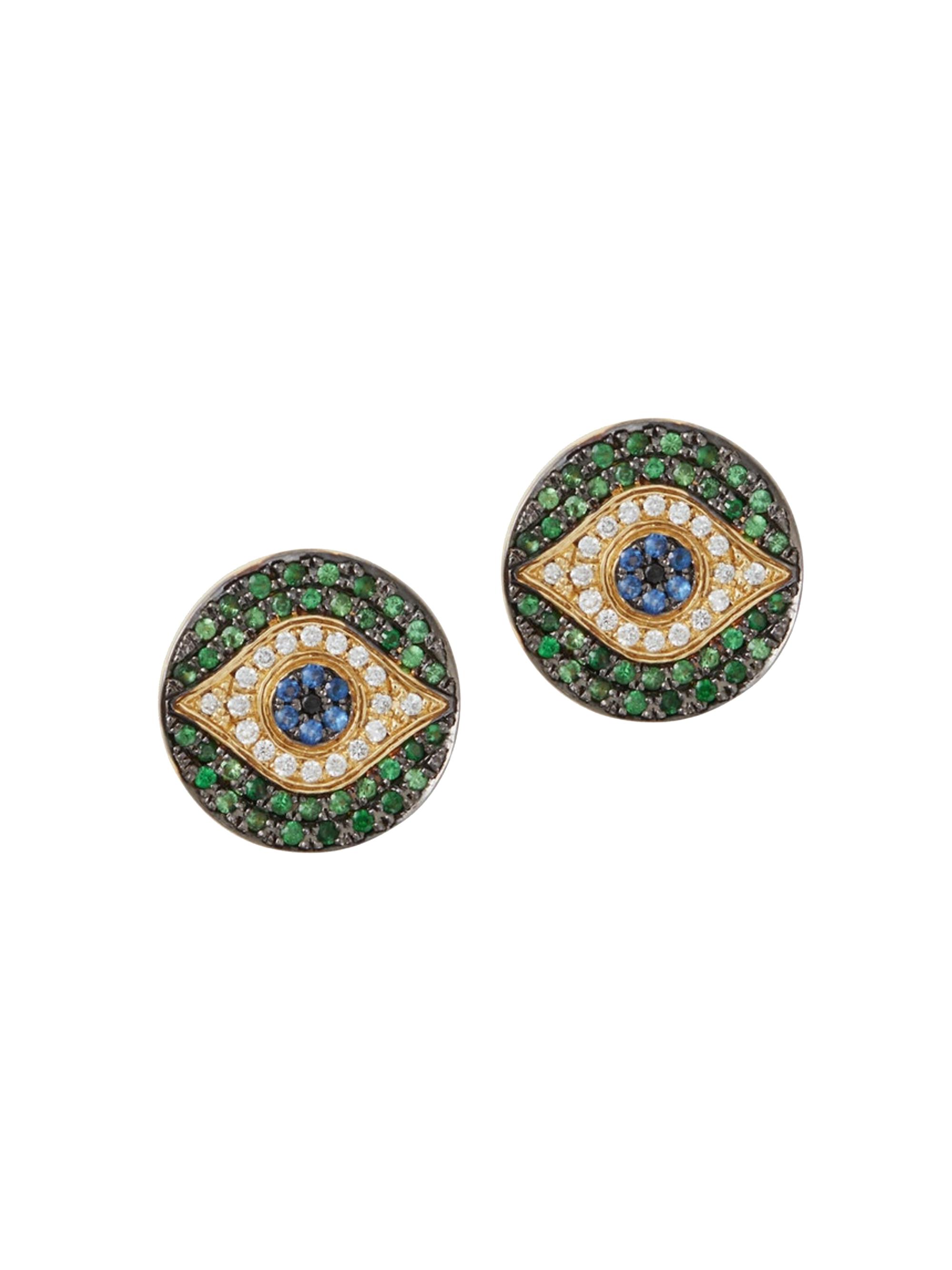 Ileana Makri Women's Evil Eye Mini 18K Yellow Gold, White Diamond, Black Diamond, Blue Sapphire & Tsavorite Stud Earrings