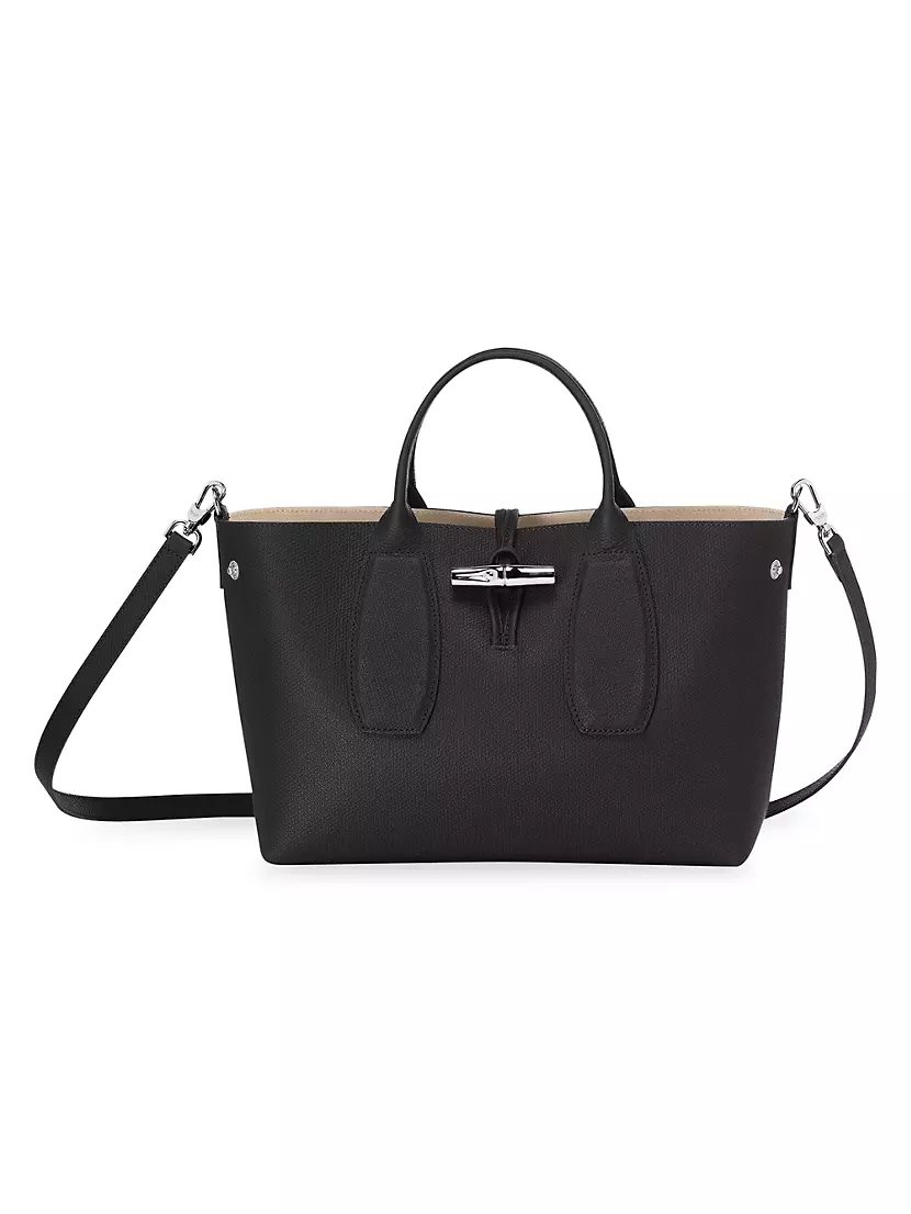 Longchamp Small Roseau Leather Tote Bag In Black
