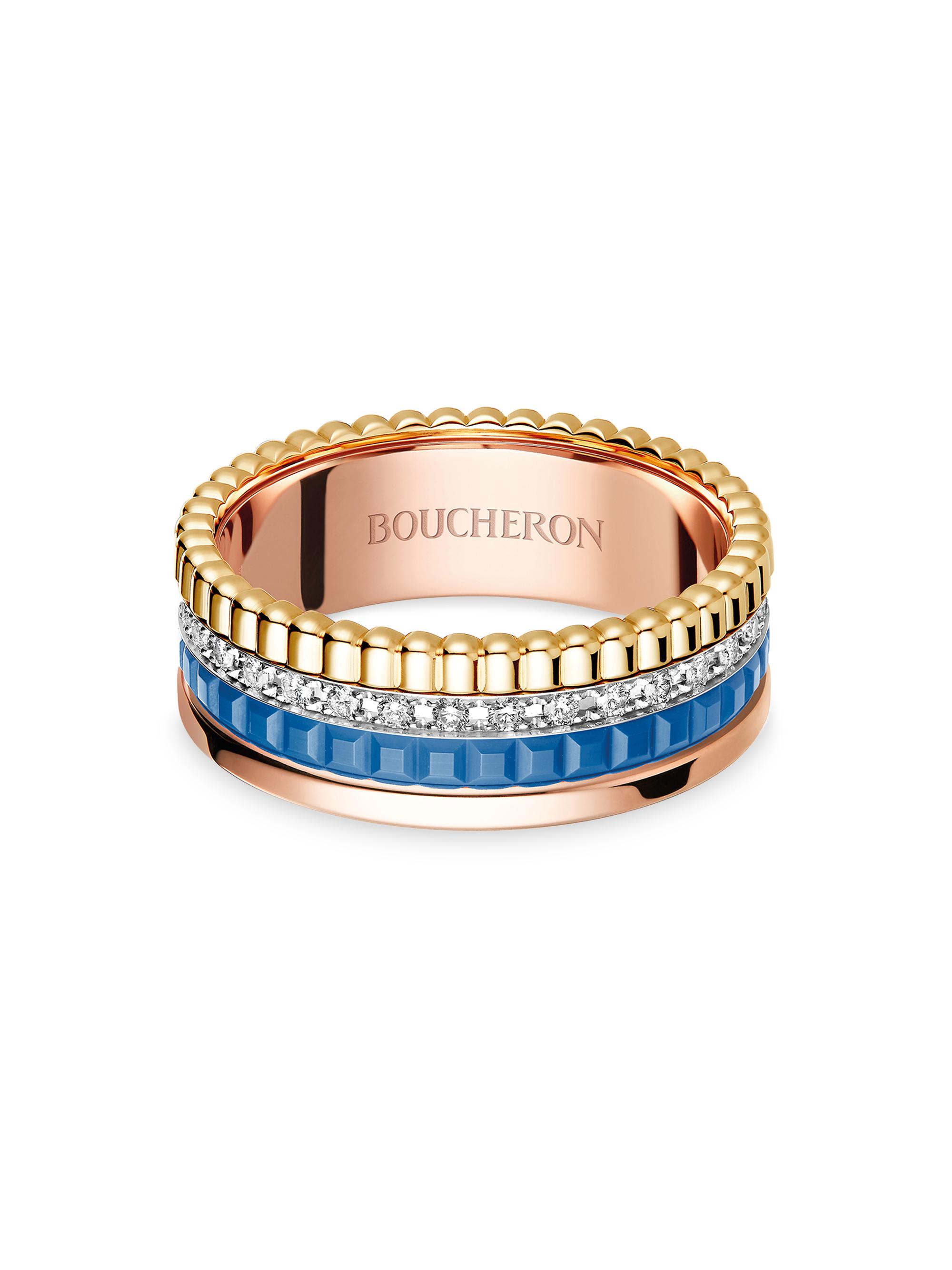 Boucheron Women's Quatre Blue Edition Tri-Tone 18K Gold, HyCeram & 0.24 TCW Diamond Ring