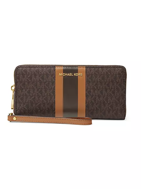 Michael Kors Jet Set Travel Large Continental Zip Wallet in Brown Logo  Printed Canvas with Leather Trim - Women's Wallet with Wristlet Strap