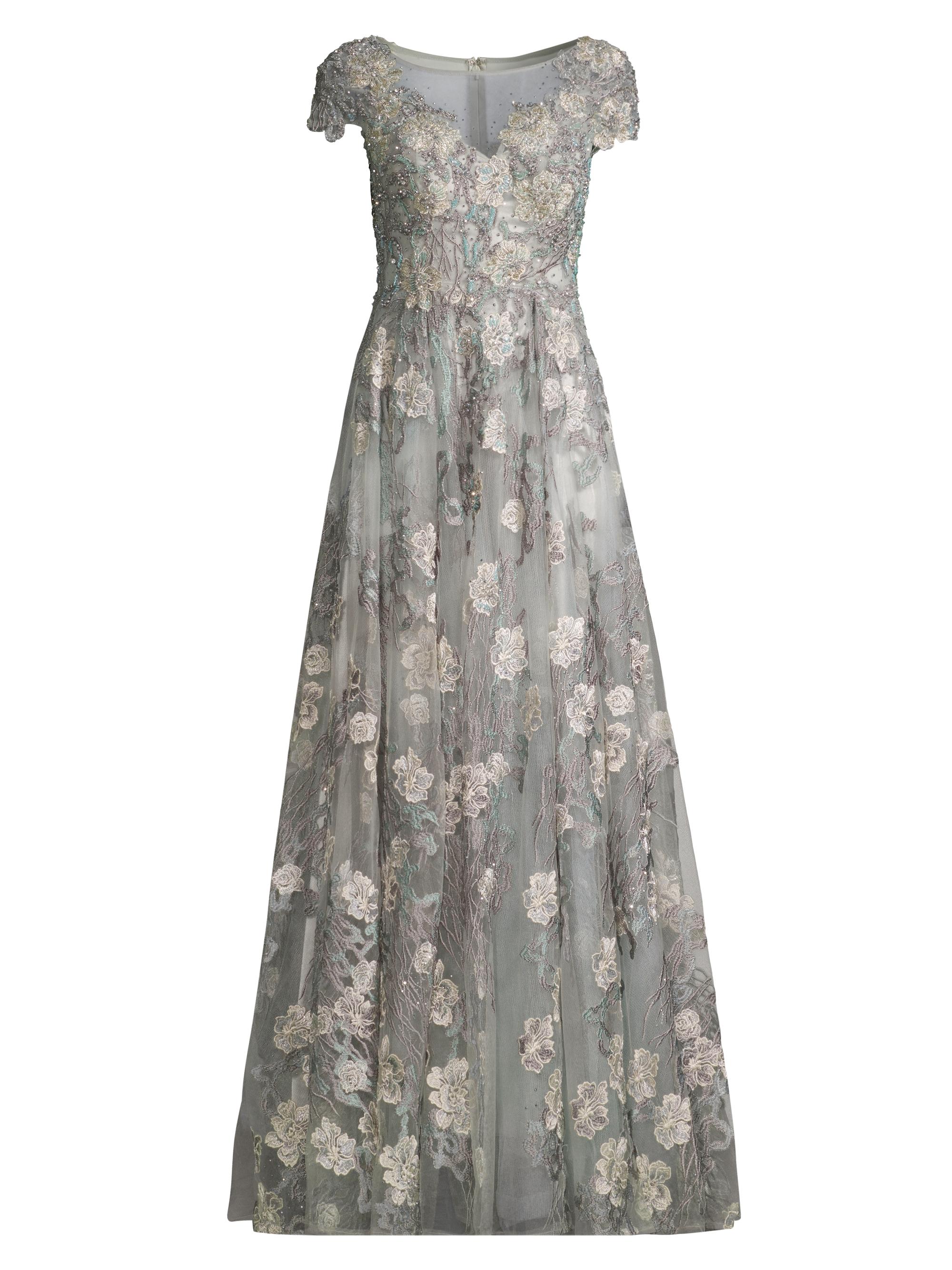 Mac Duggal Women's Cap-Sleeve Floral A-Line Gown - Sea Mist