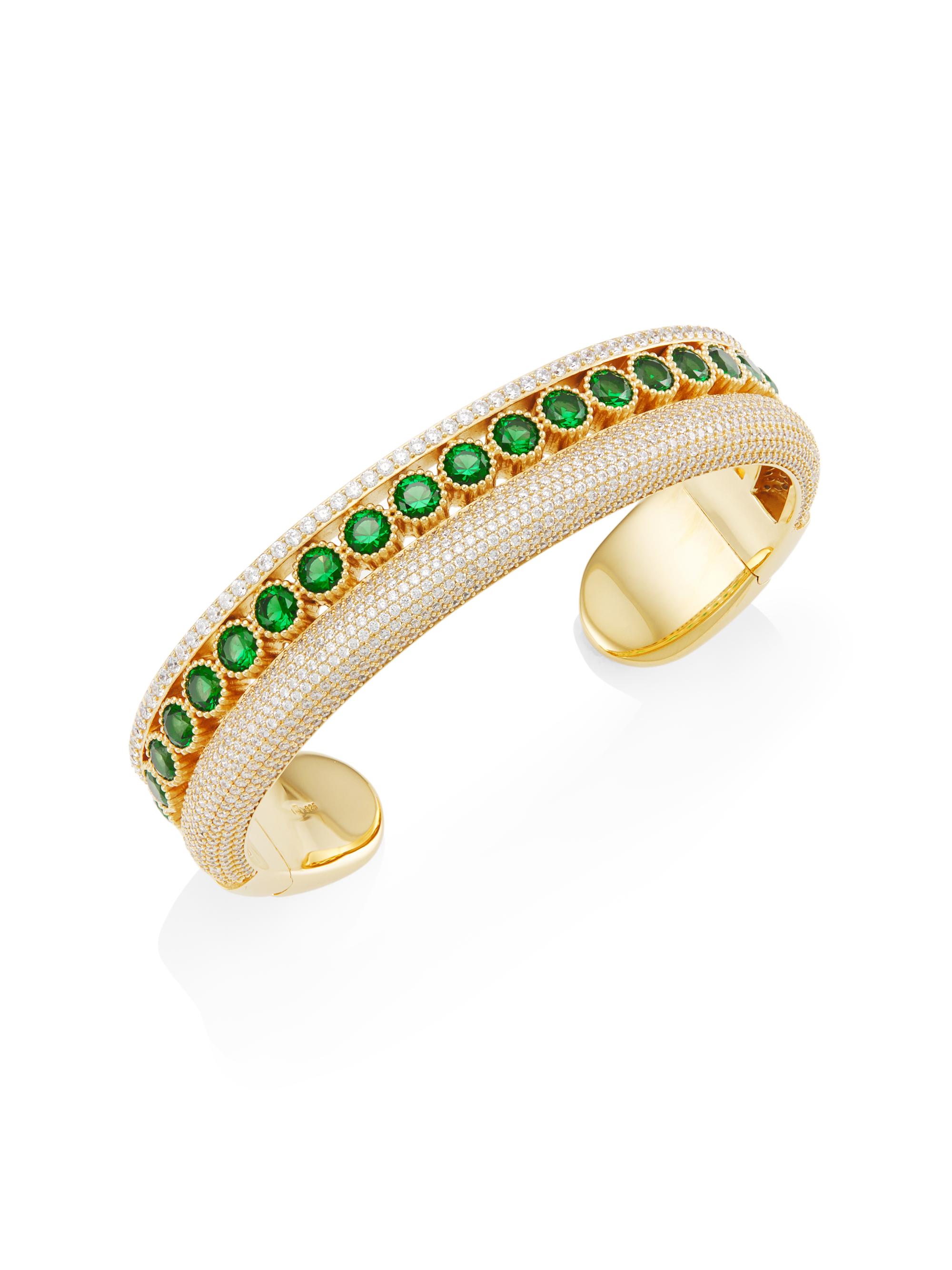 Adriana Orsini Women's Stunner 18K Goldplated & Two-Tone Cubic Zirconia Faux Stack Cuff Bracelet - Gold With Emerald
