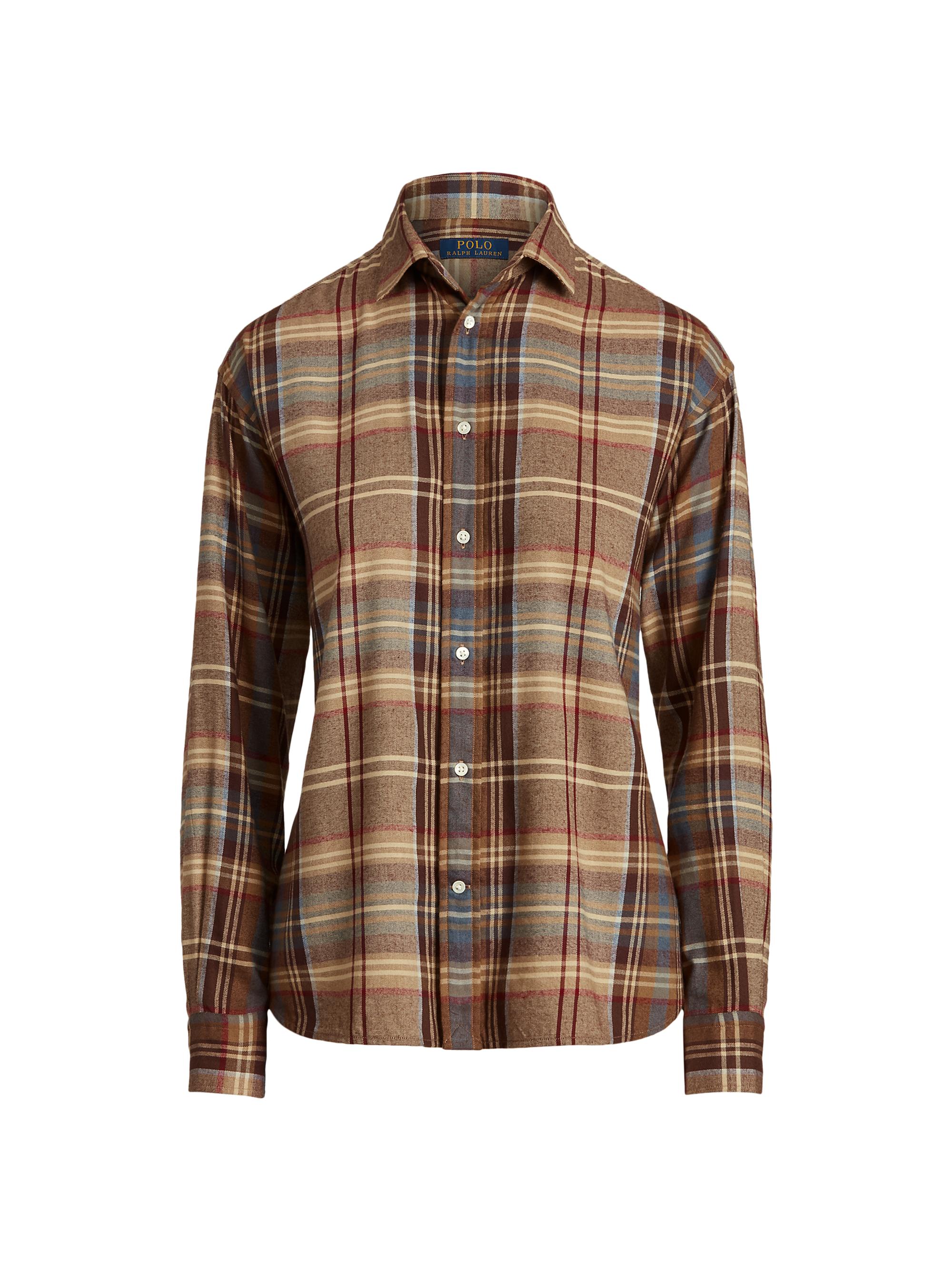 brown plaid polo shirt