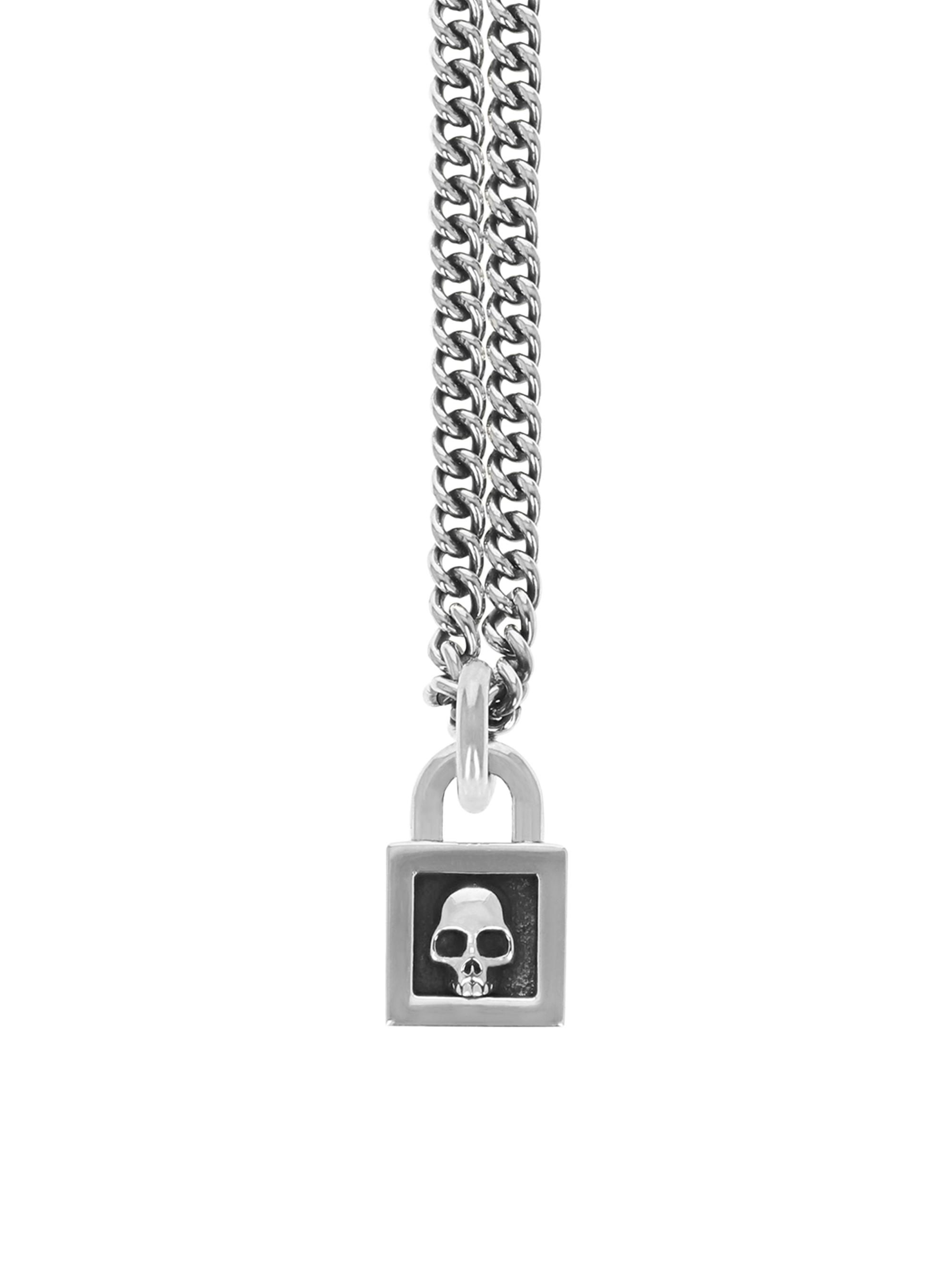 King Baby Studio Men's Sterling Silver Skull Padlock Pendant Necklace - Silver