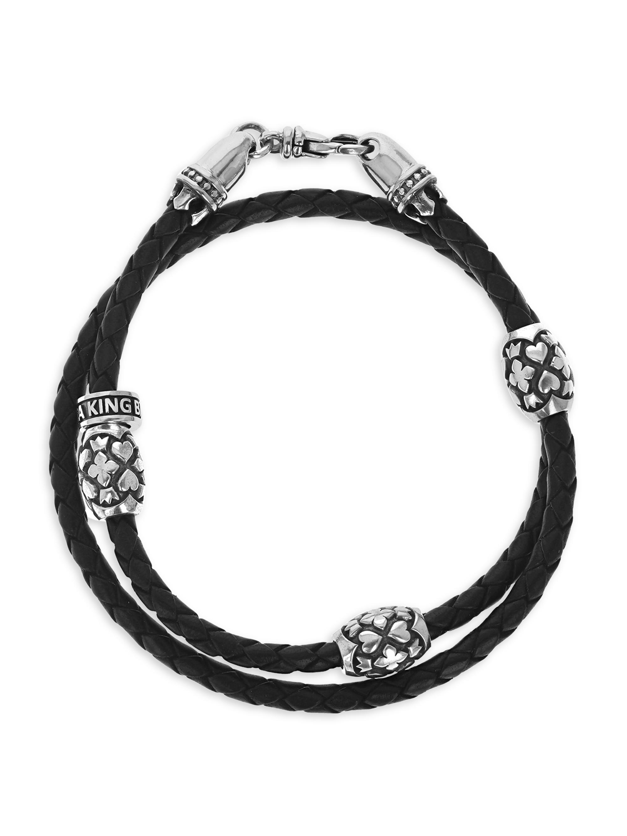 King Baby Studio Men's Wraparound Sterling Silver & Woven Leather Bracelet - Silver Black
